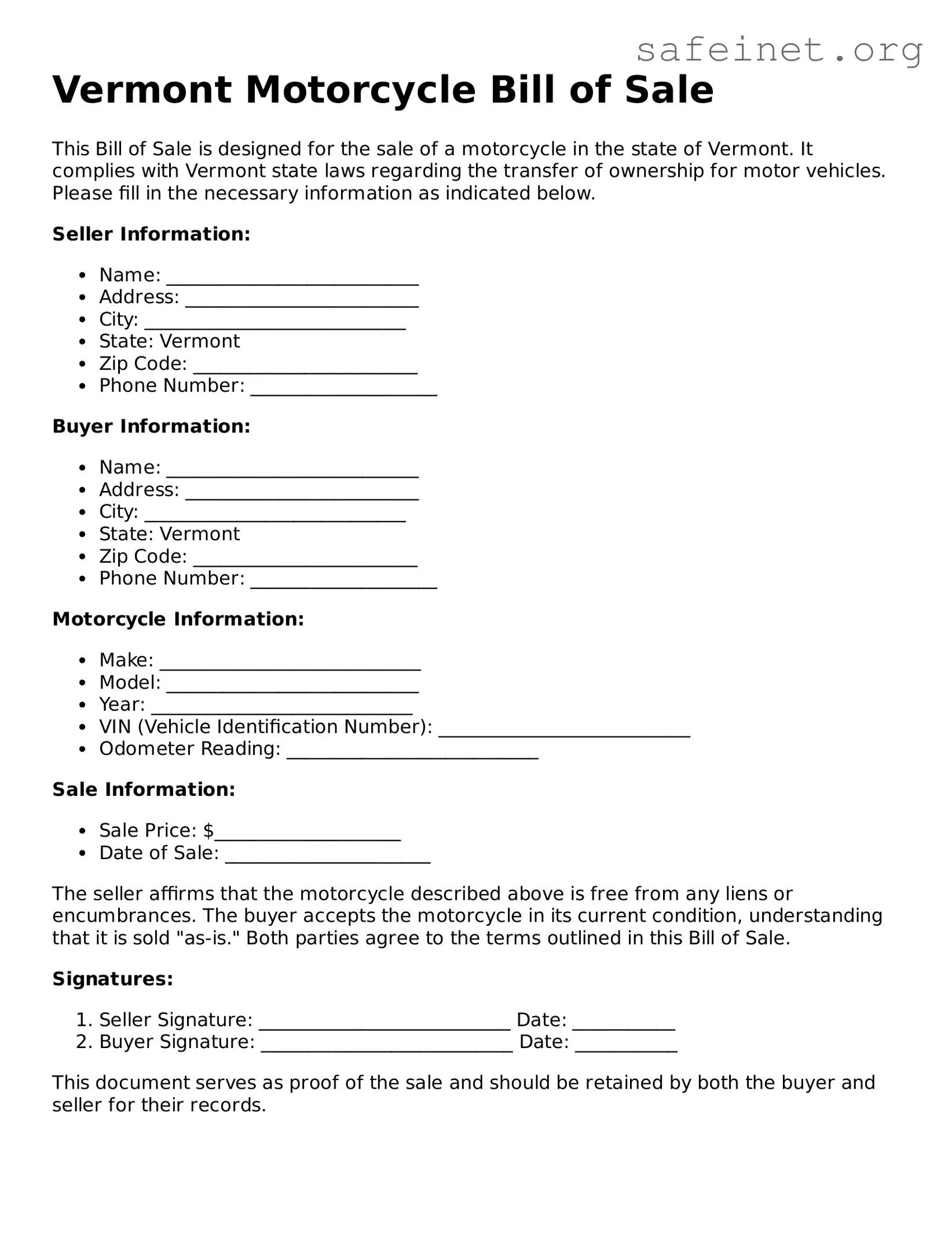 Valid Motorcycle Bill of Sale Template for the State of Vermont