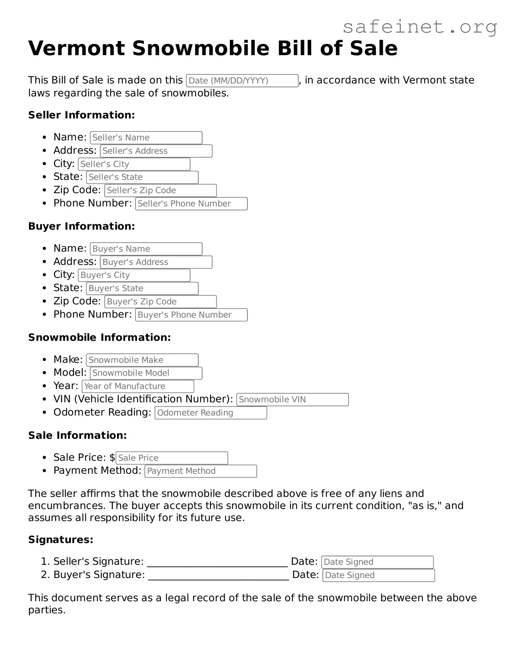 Valid Snowmobile Bill of Sale Template for the State of Vermont