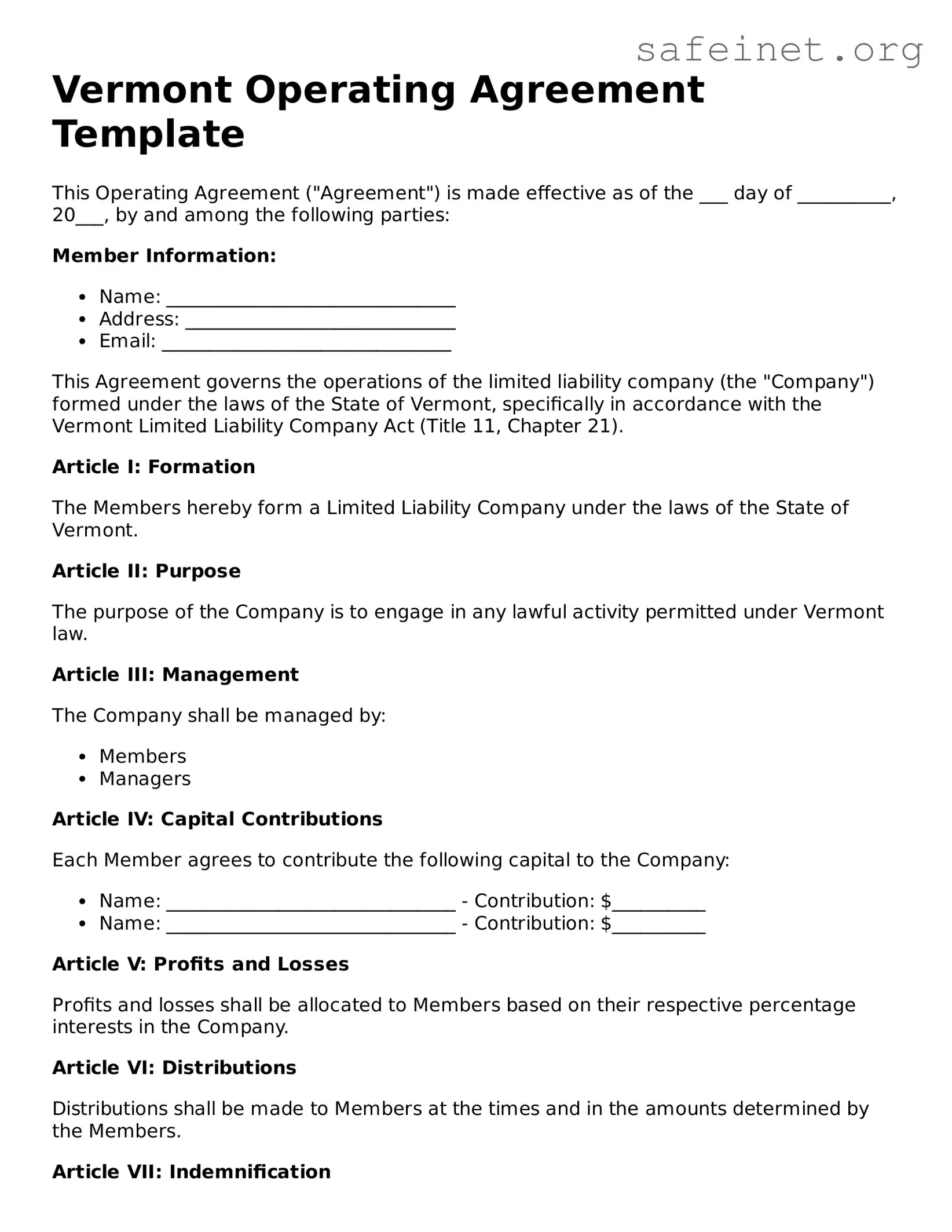Valid Operating Agreement Template for the State of Vermont