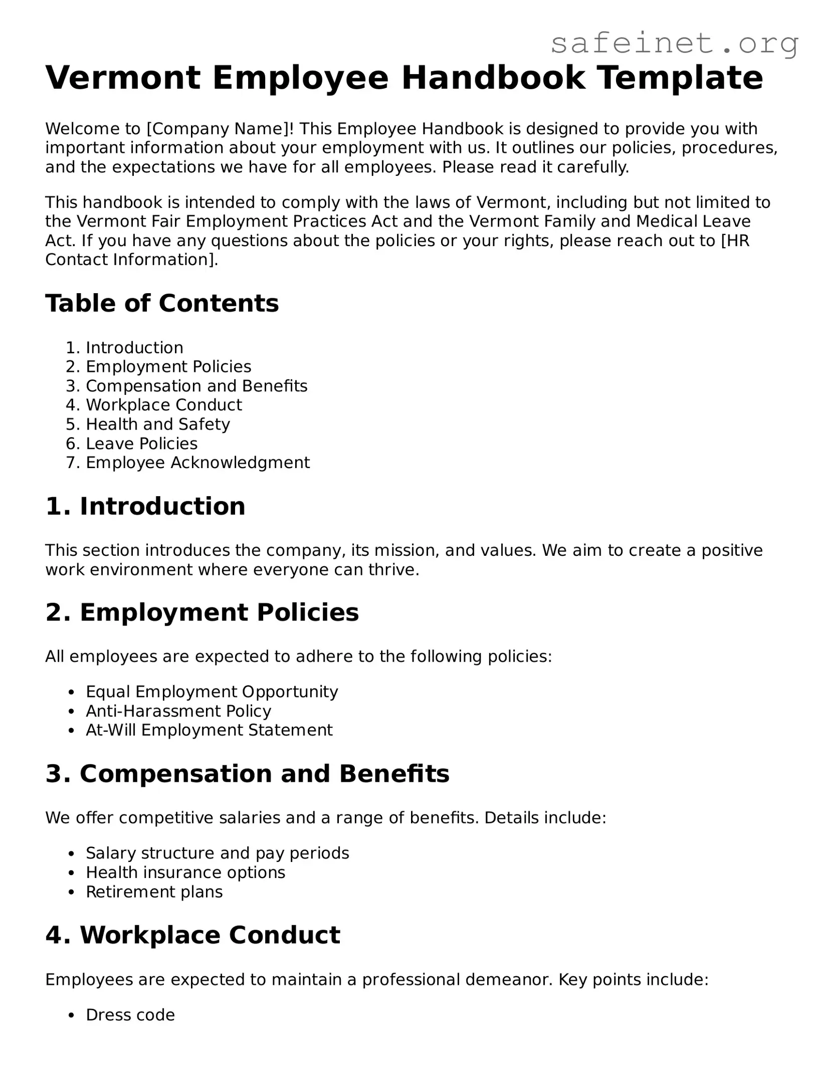 Valid Employee Handbook Template for the State of Vermont