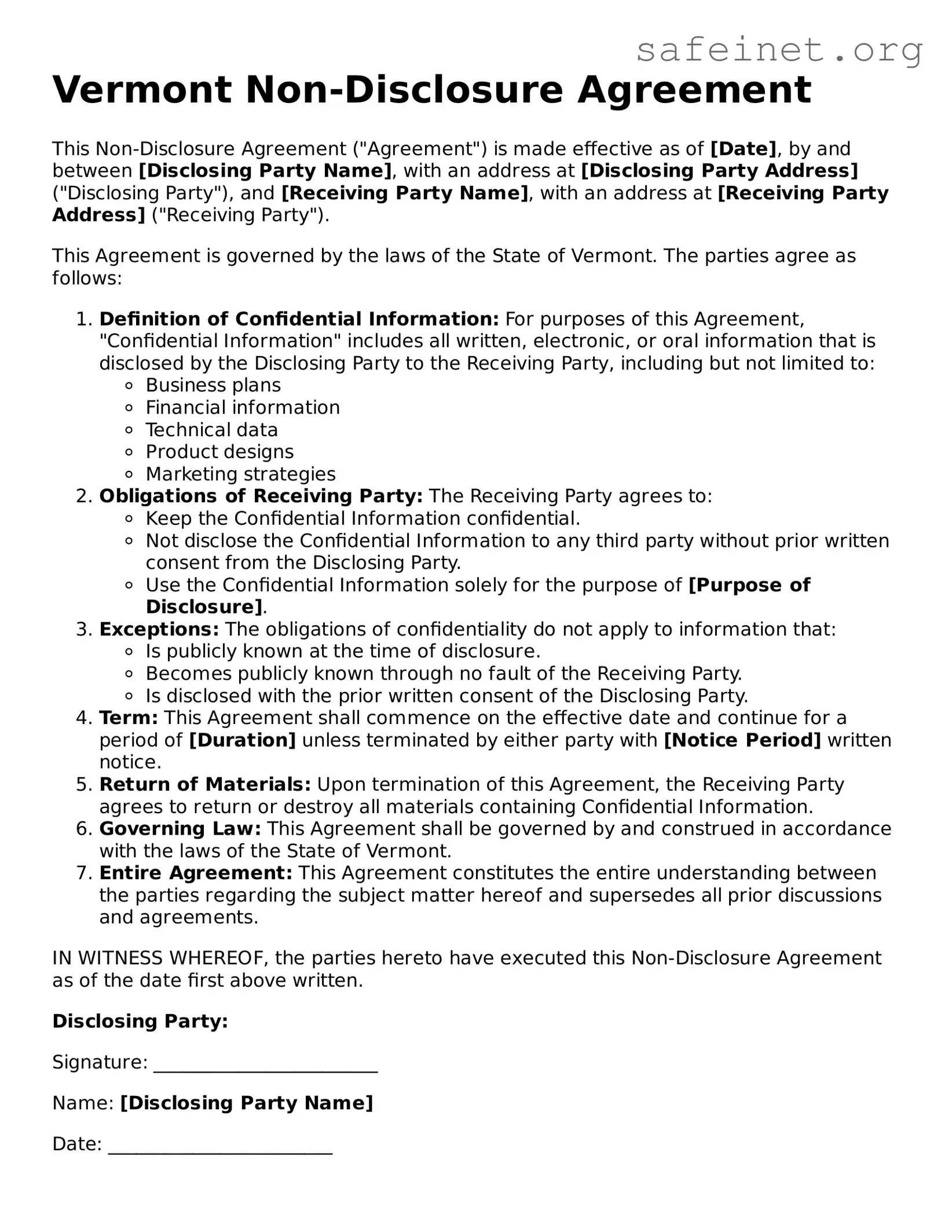 Valid Non-disclosure Agreement Template for the State of Vermont