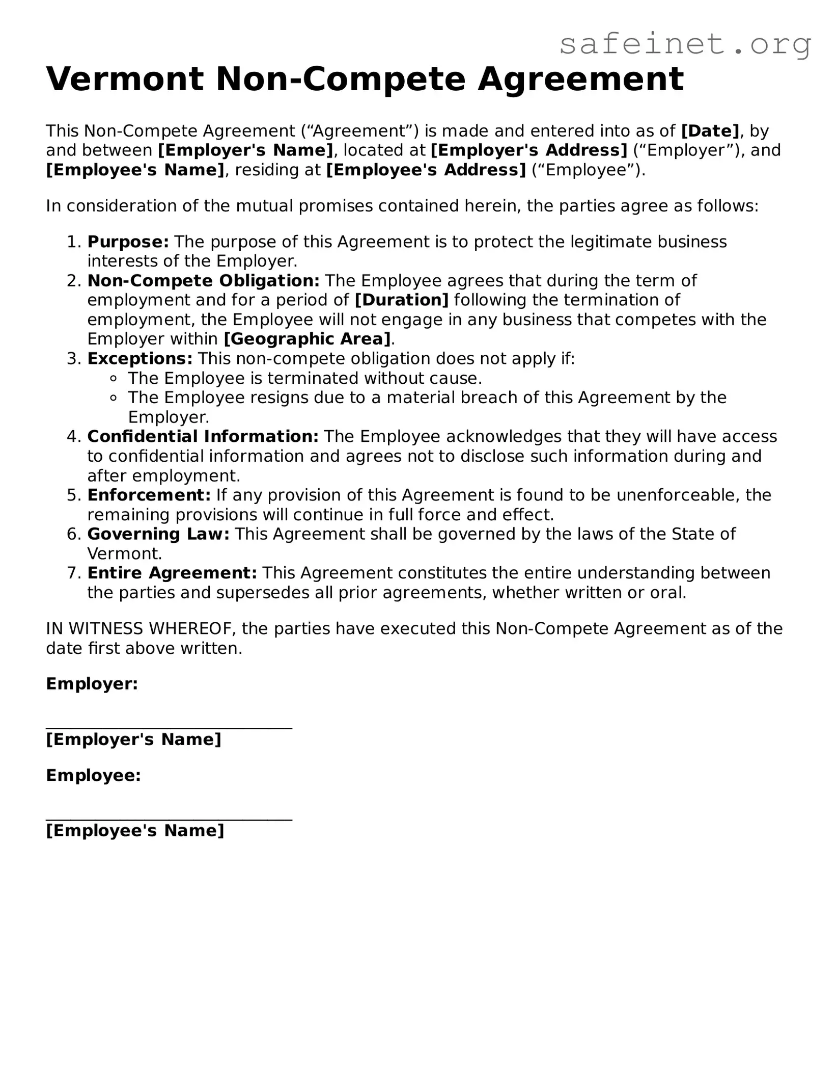 Valid Non-compete Agreement Template for the State of Vermont