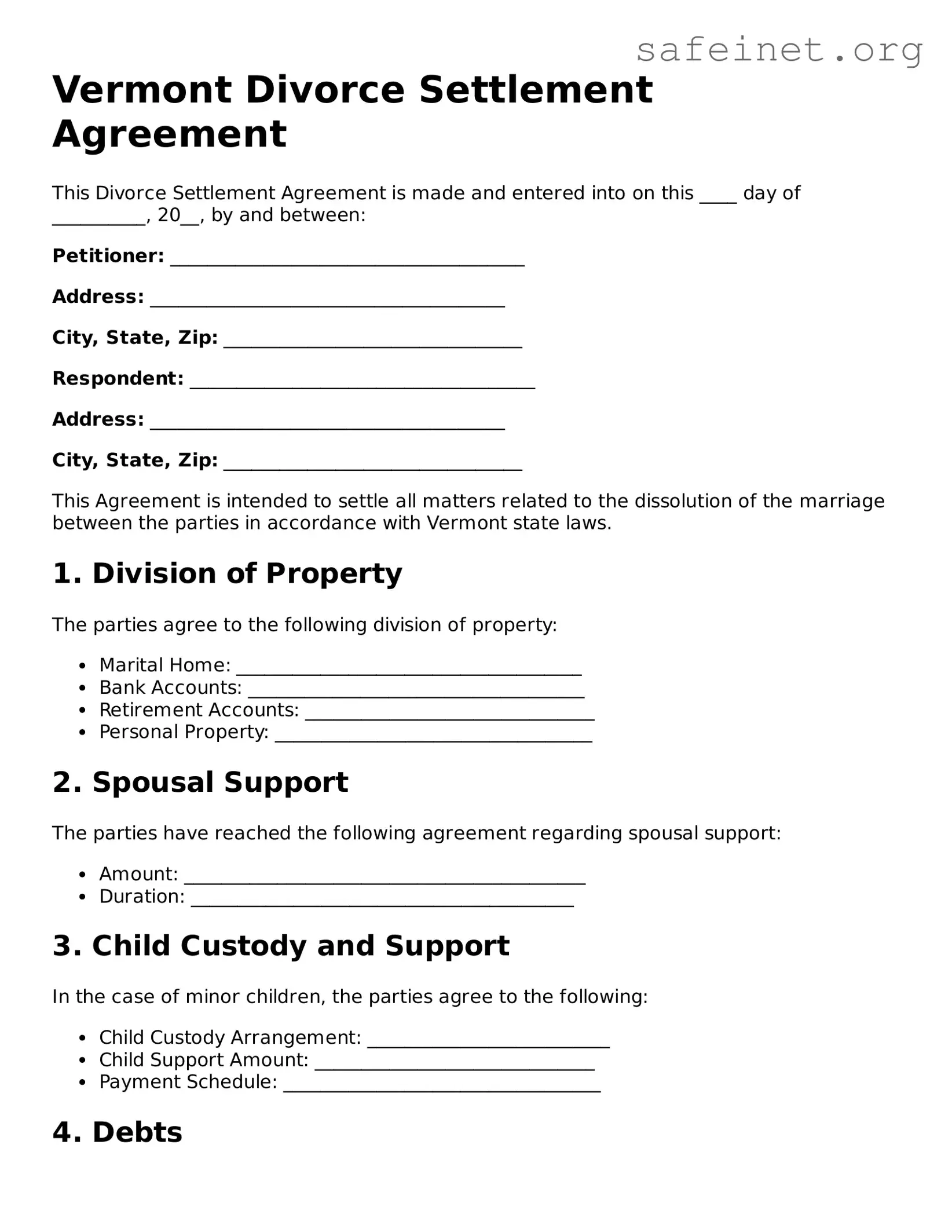Valid Divorce Settlement Agreement Template for the State of Vermont