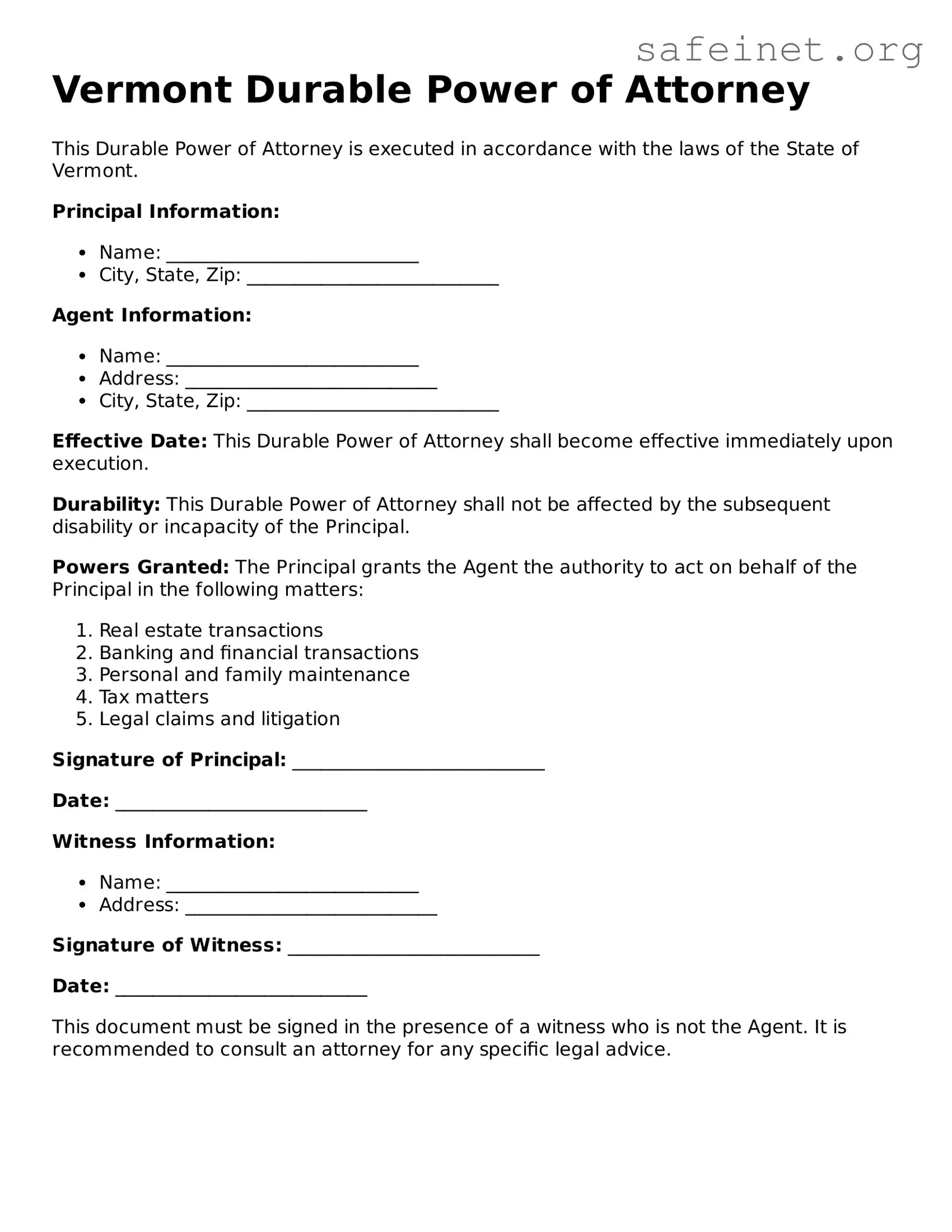 Valid Durable Power of Attorney Template for the State of Vermont