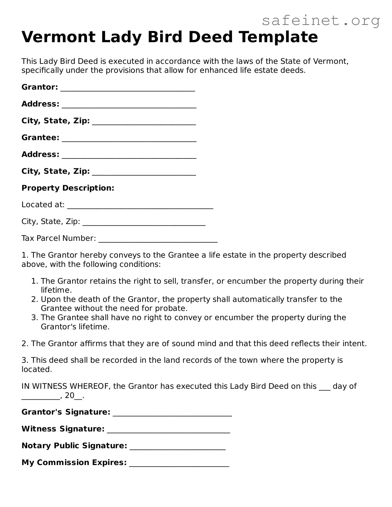 Valid Lady Bird Deed Template for the State of Vermont