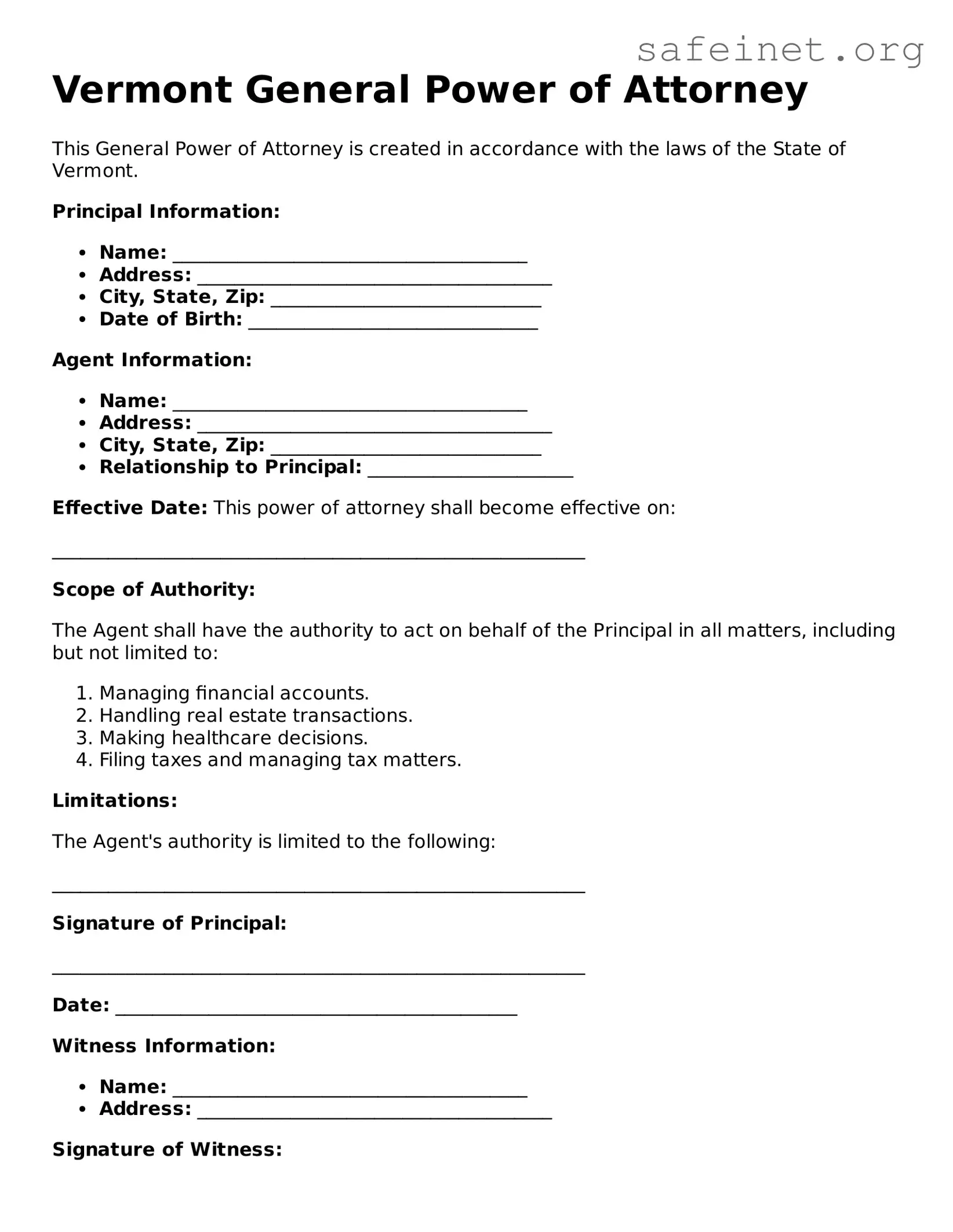 Valid General Power of Attorney Template for the State of Vermont