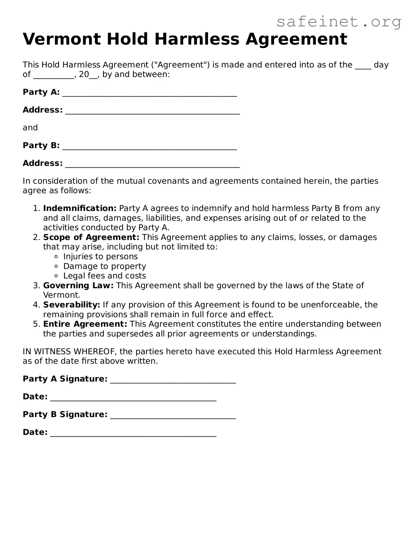 Valid Hold Harmless Agreement Template for the State of Vermont
