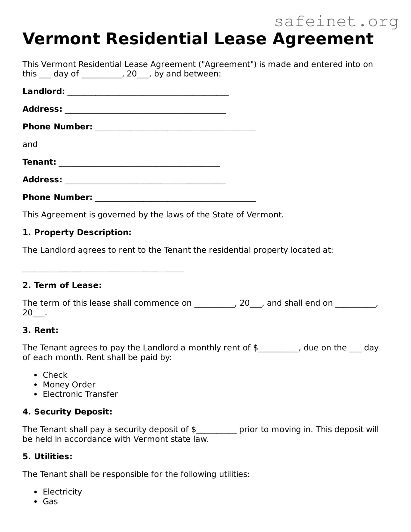 Valid Residential Lease Agreement Template for the State of Vermont