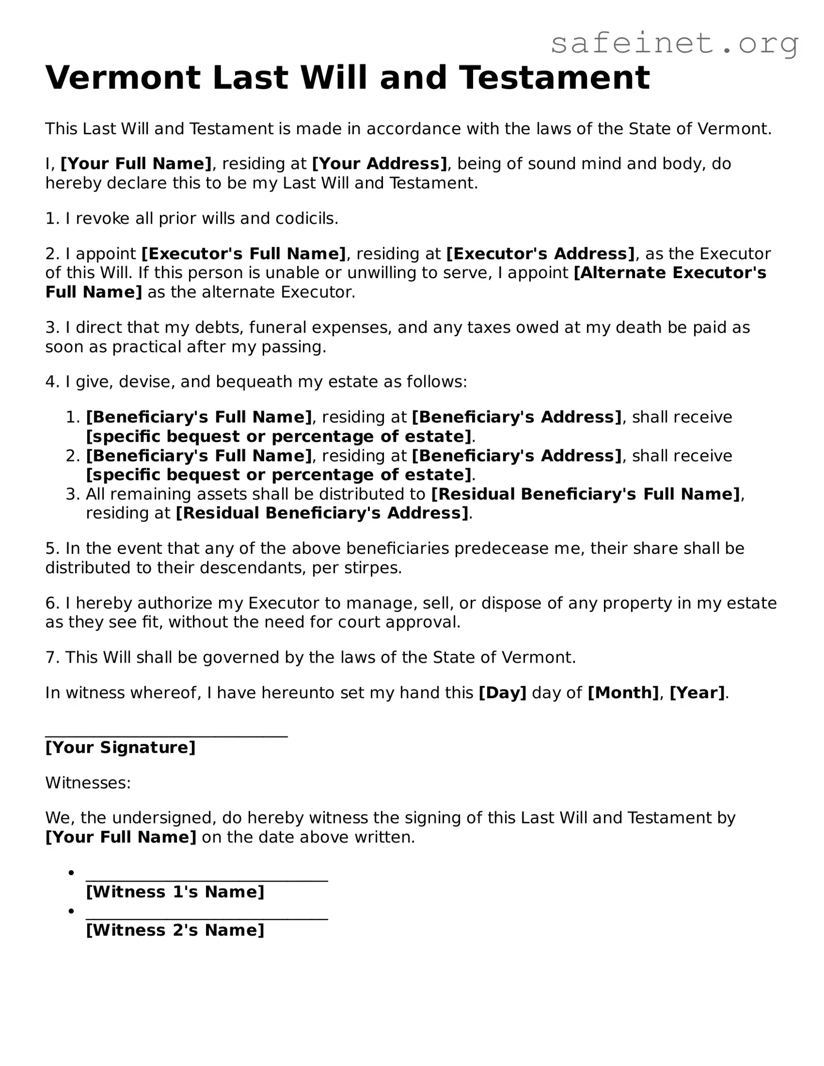 Valid Last Will and Testament Template for the State of Vermont