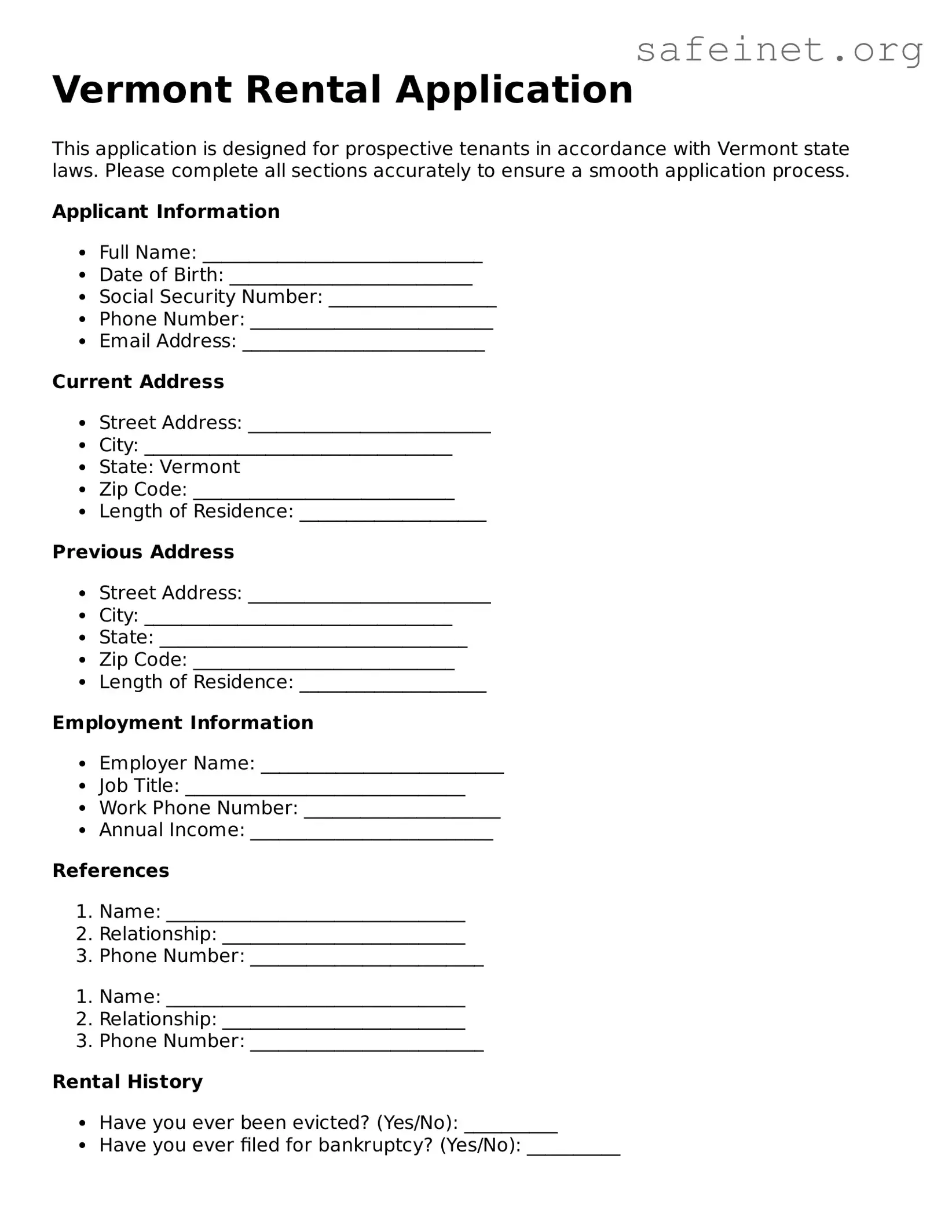 Valid Rental Application Template for the State of Vermont
