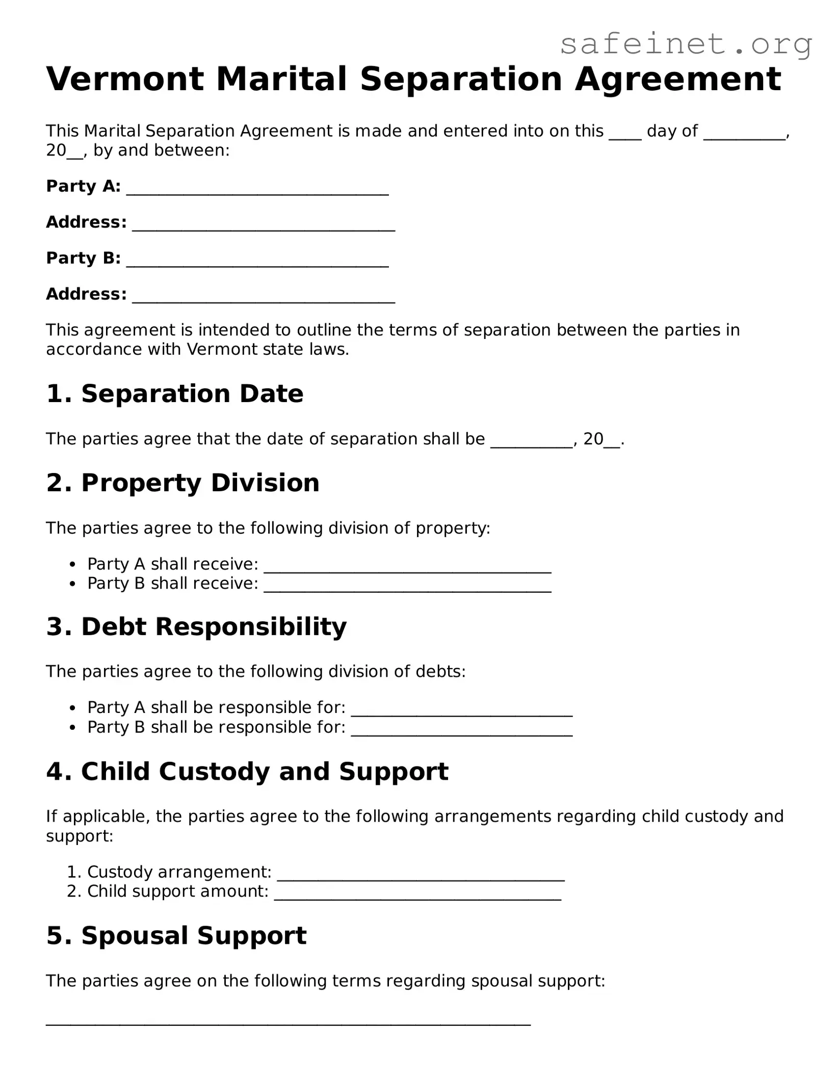Valid Marital Separation Agreement Template for the State of Vermont