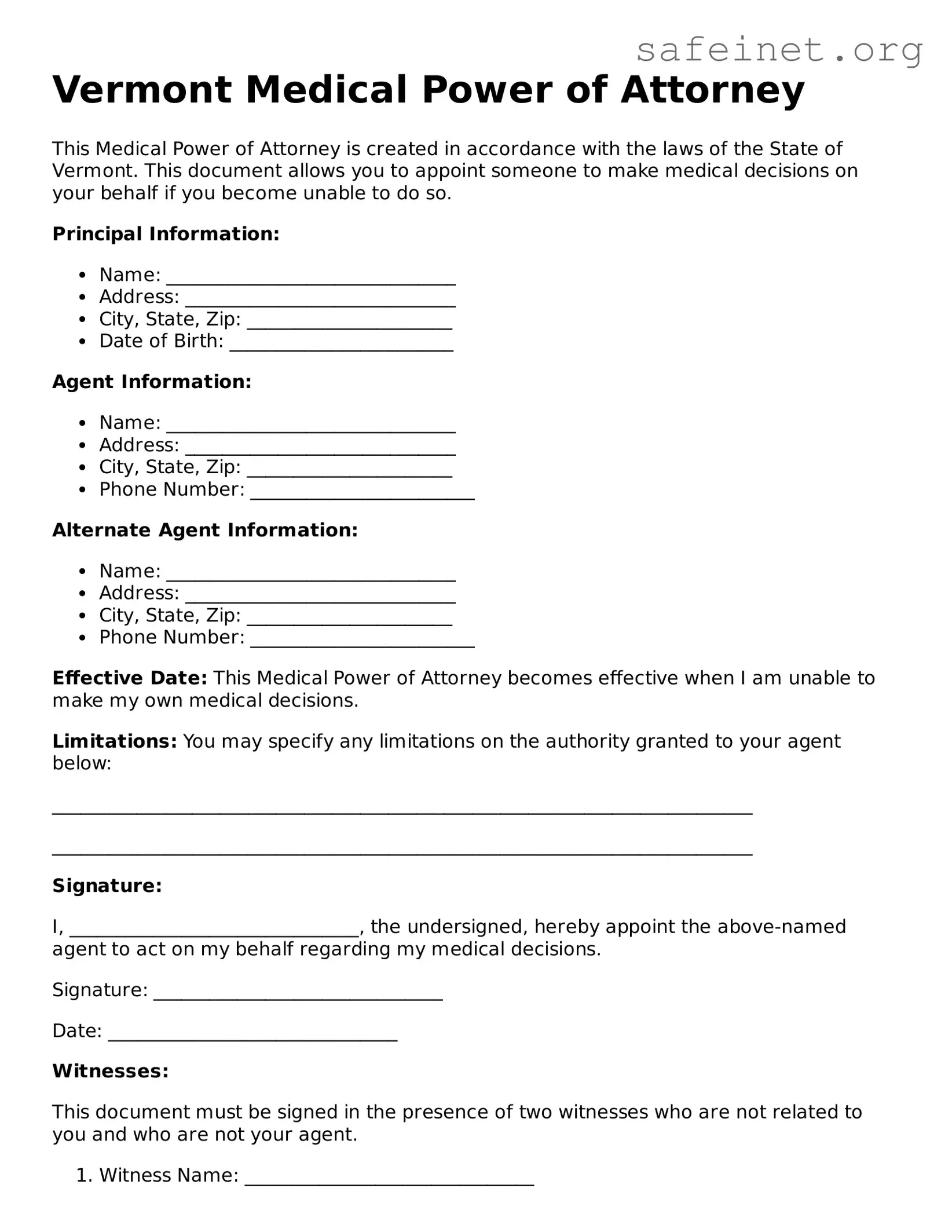 Valid Medical Power of Attorney Template for the State of Vermont