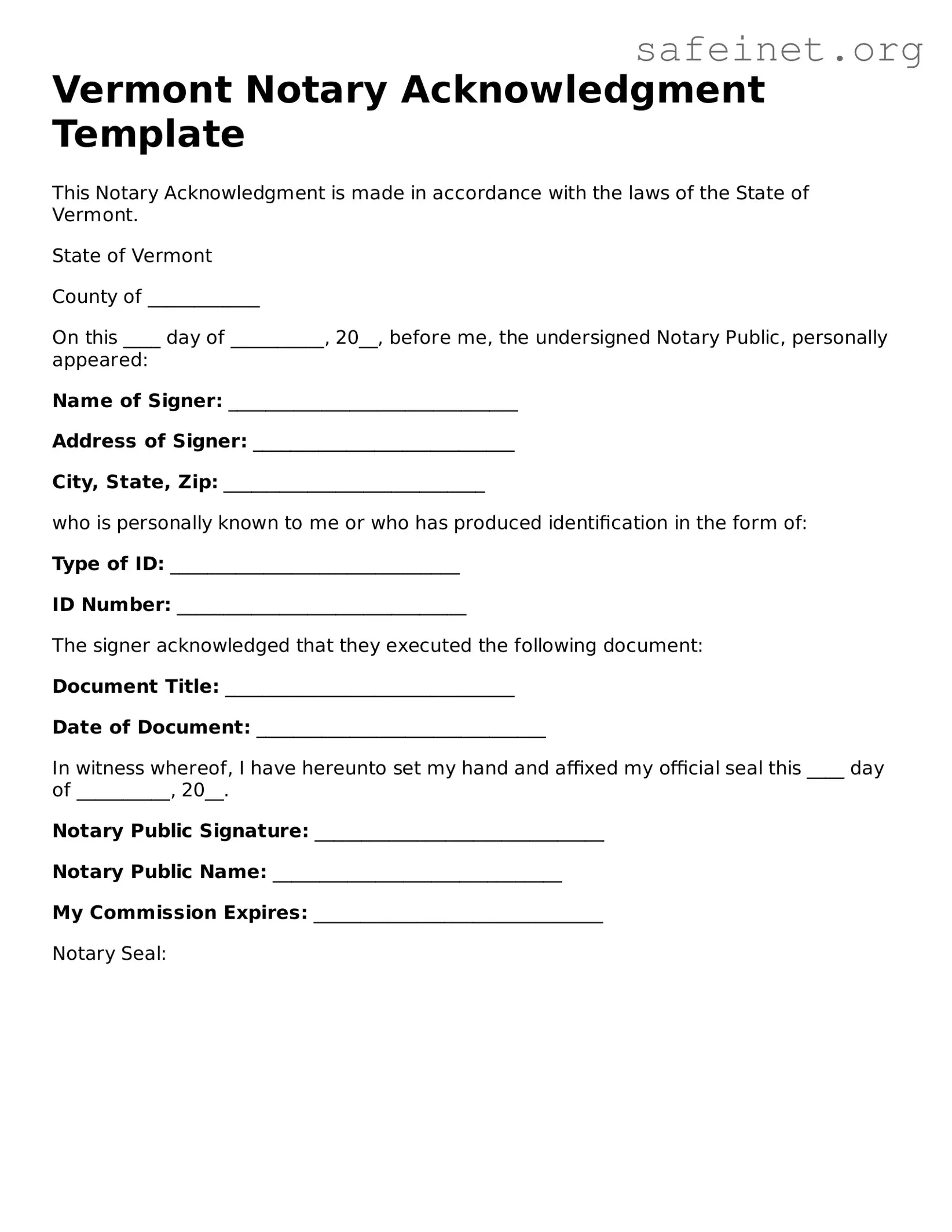 Valid Notary Acknowledgement Template for the State of Vermont