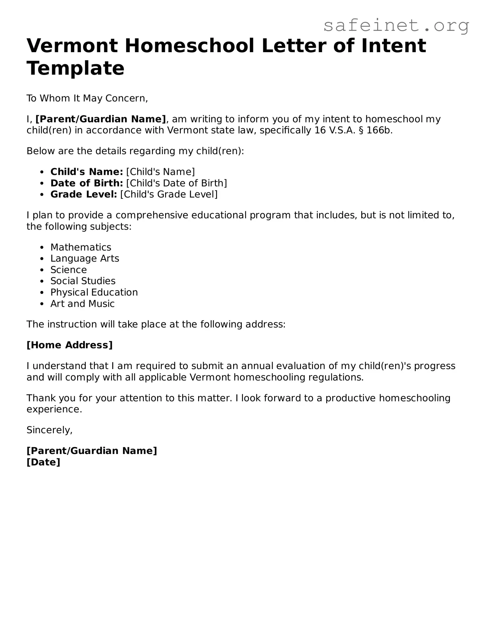 Valid Homeschool Letter of Intent Template for the State of Vermont