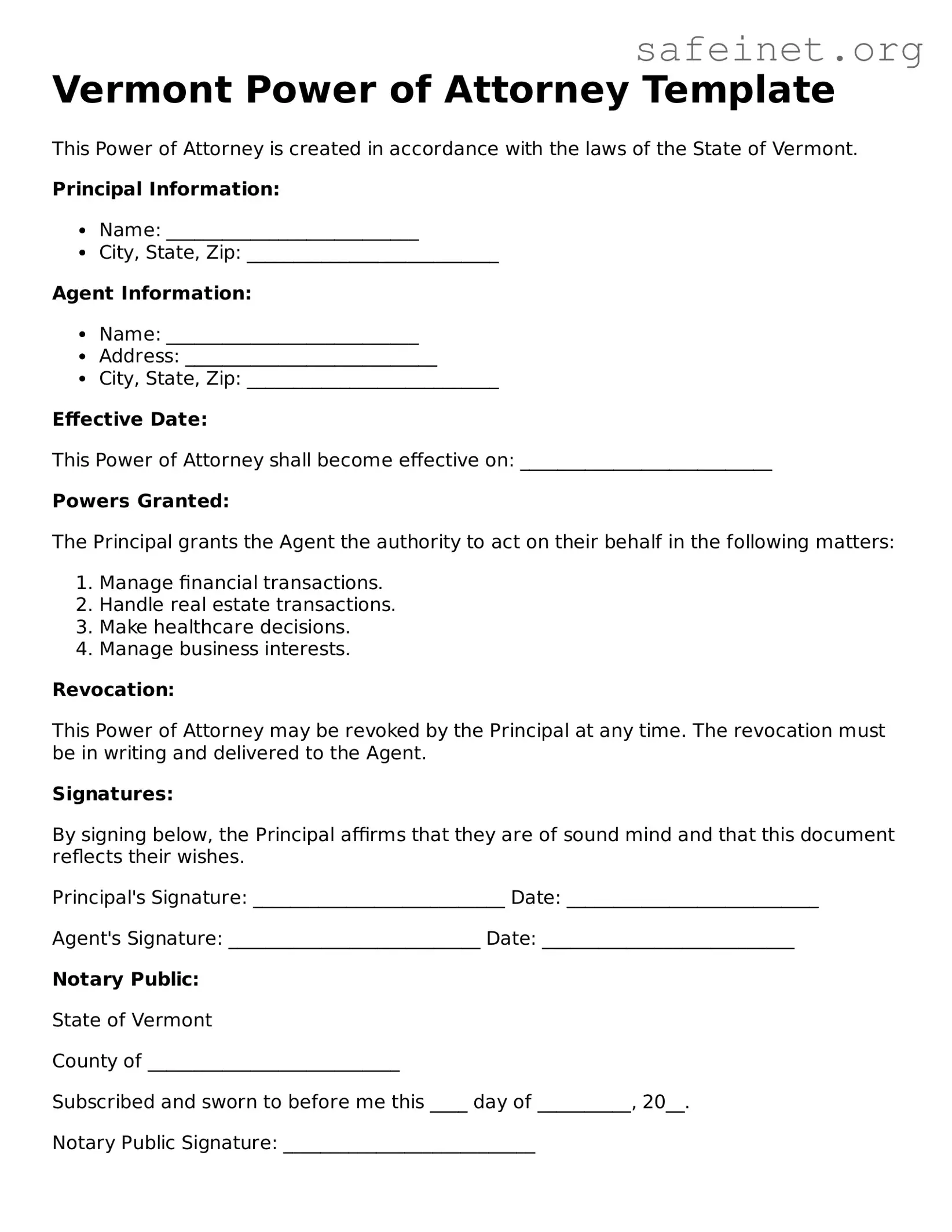 Valid Power of Attorney Template for the State of Vermont