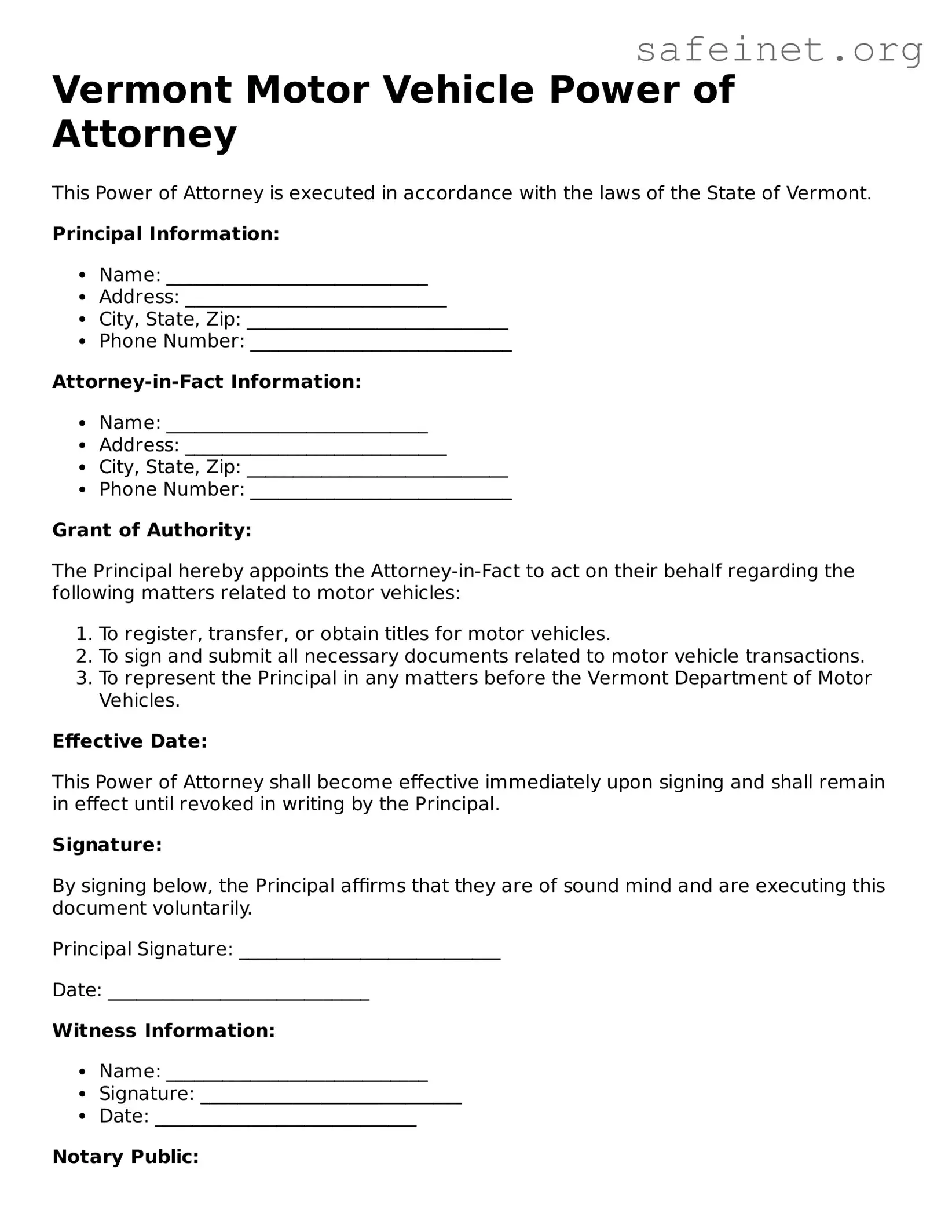 Valid Motor Vehicle Power of Attorney Template for the State of Vermont