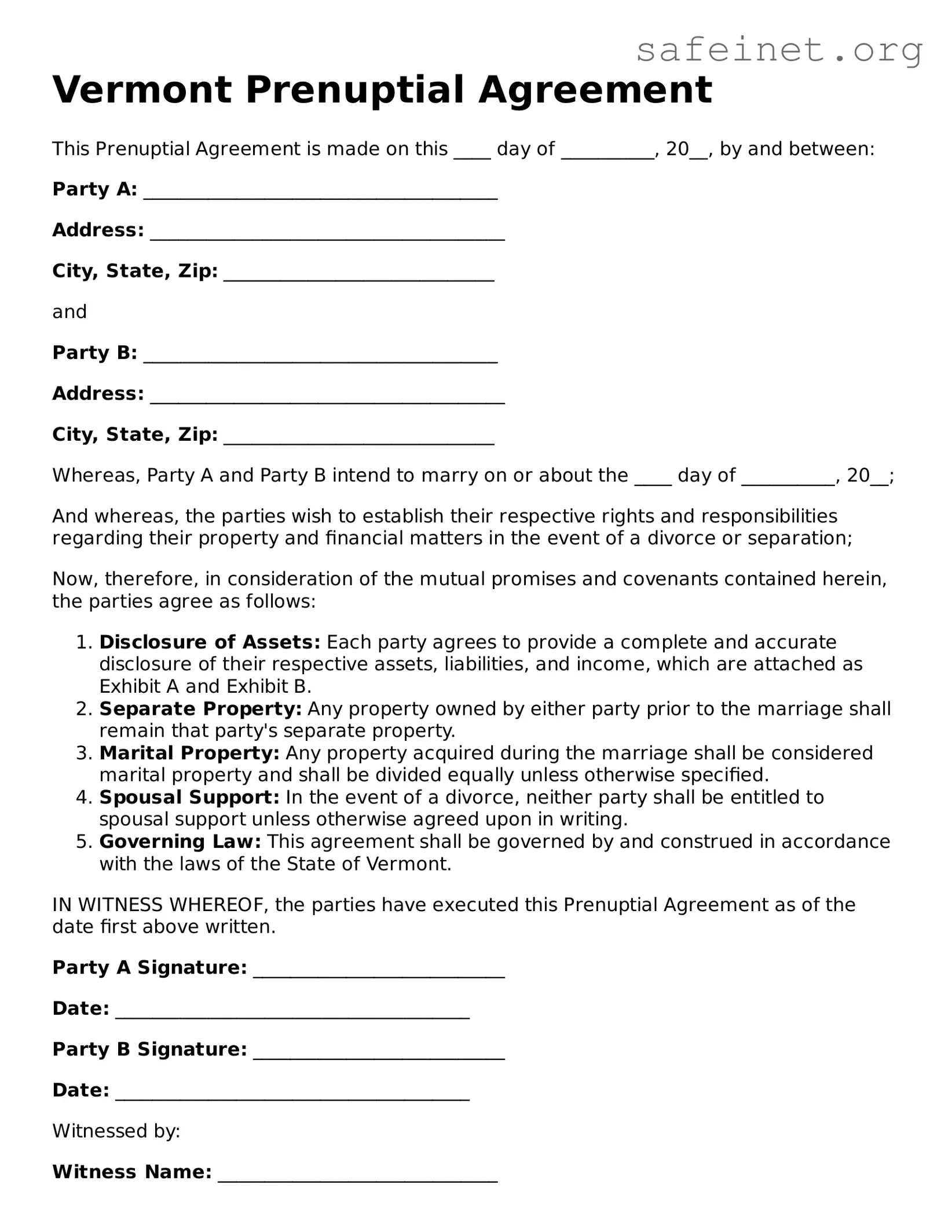 Valid Prenuptial Agreement Template for the State of Vermont