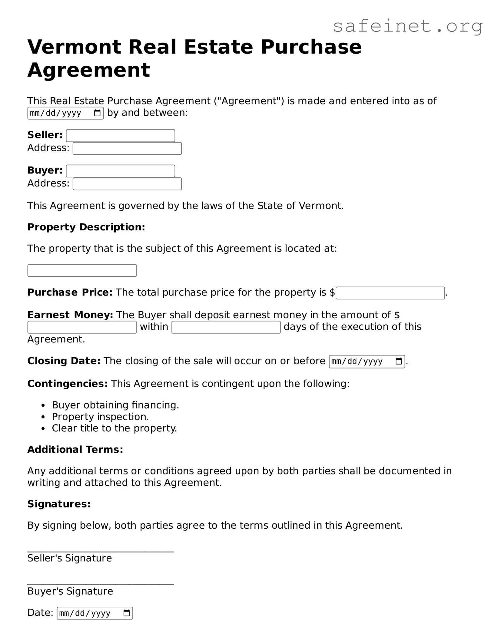 Valid Real Estate Purchase Agreement Template for the State of Vermont