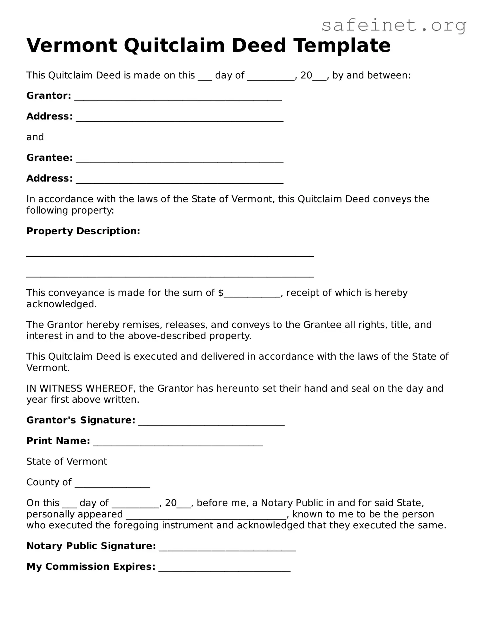 Valid Quitclaim Deed Template for the State of Vermont