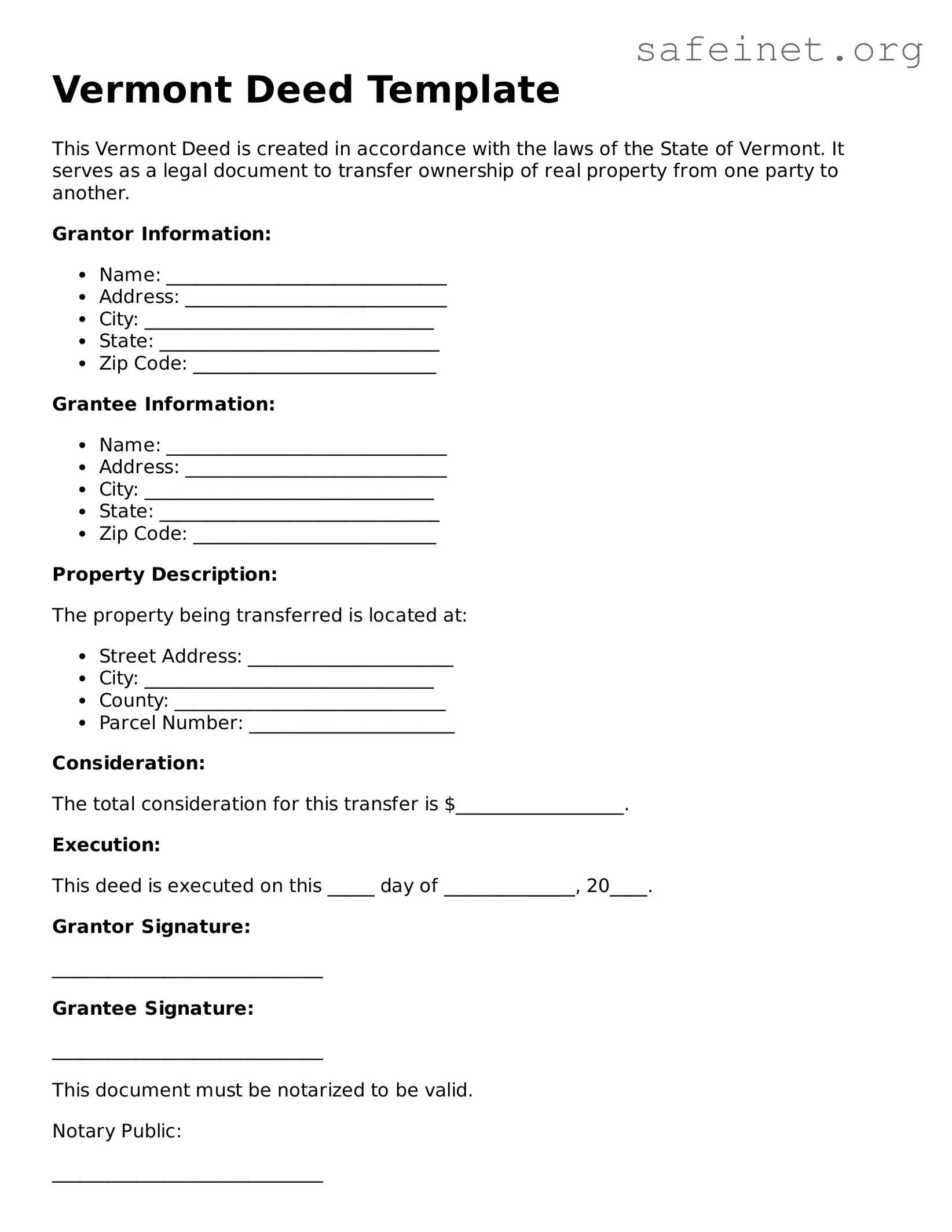 Valid Deed Template for the State of Vermont