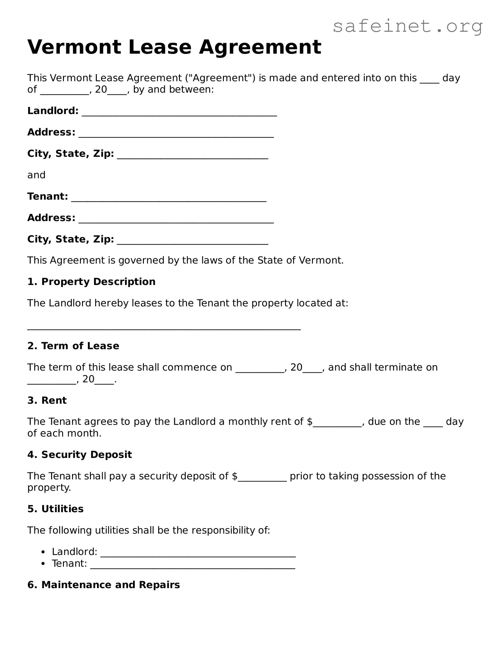 Valid Lease Agreement Template for the State of Vermont