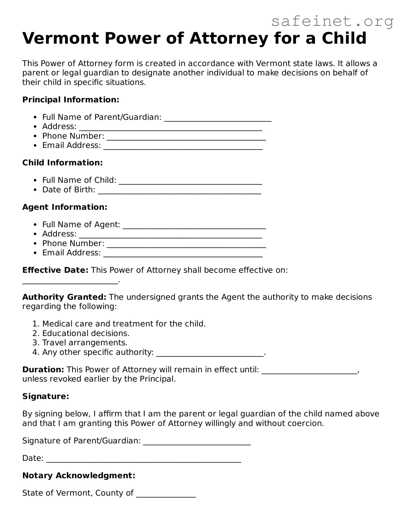 Valid Power of Attorney for a Child Template for the State of Vermont