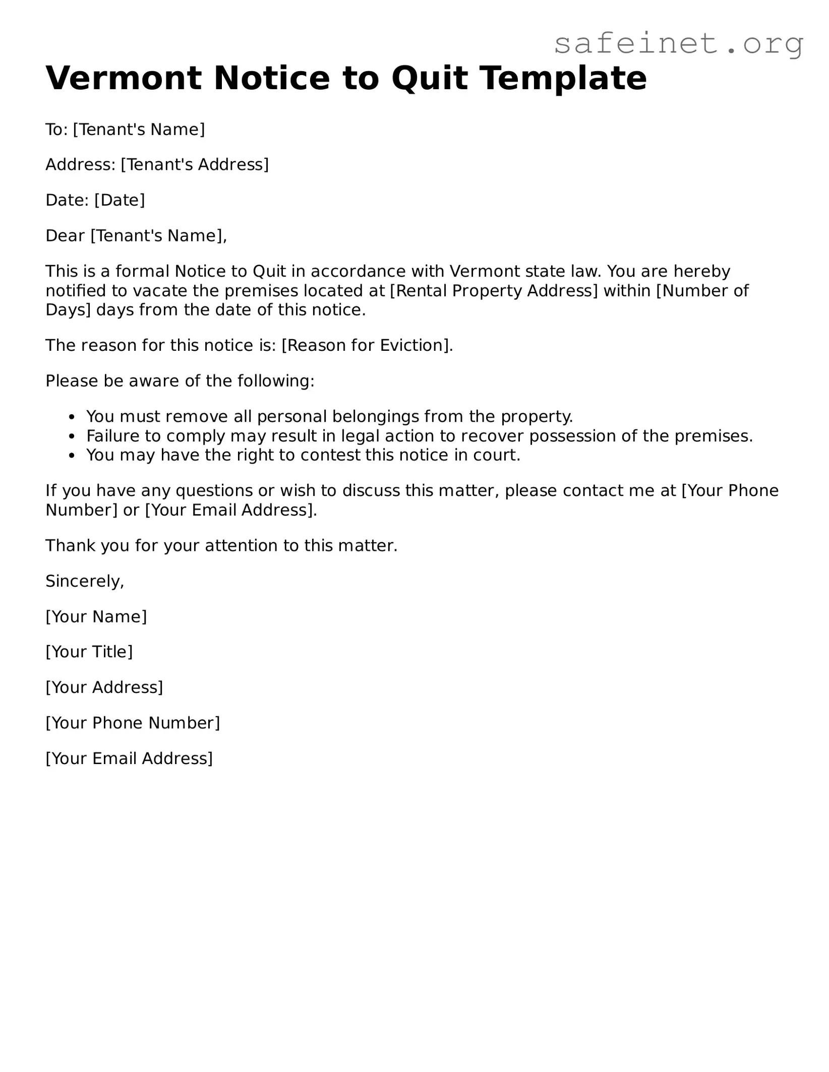 Valid Notice to Quit Template for the State of Vermont