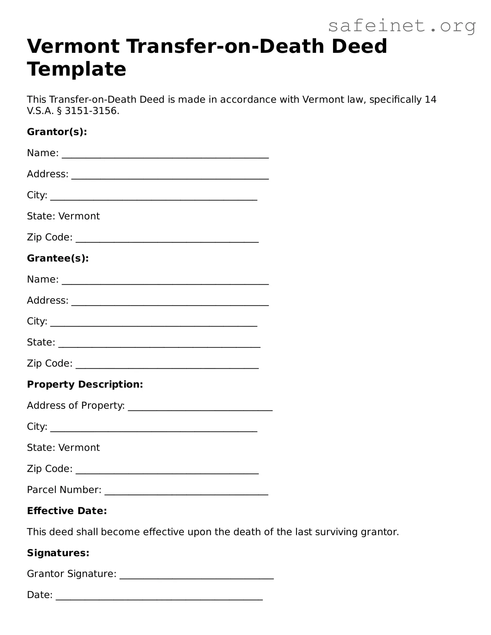Valid Transfer-on-Death Deed Template for the State of Vermont