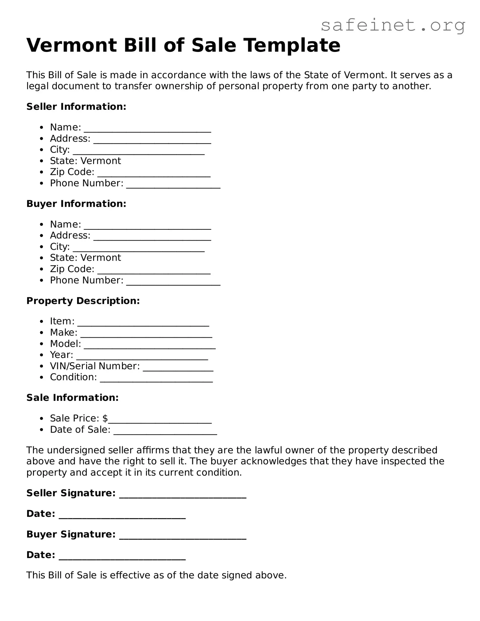 Valid Bill of Sale Template for the State of Vermont