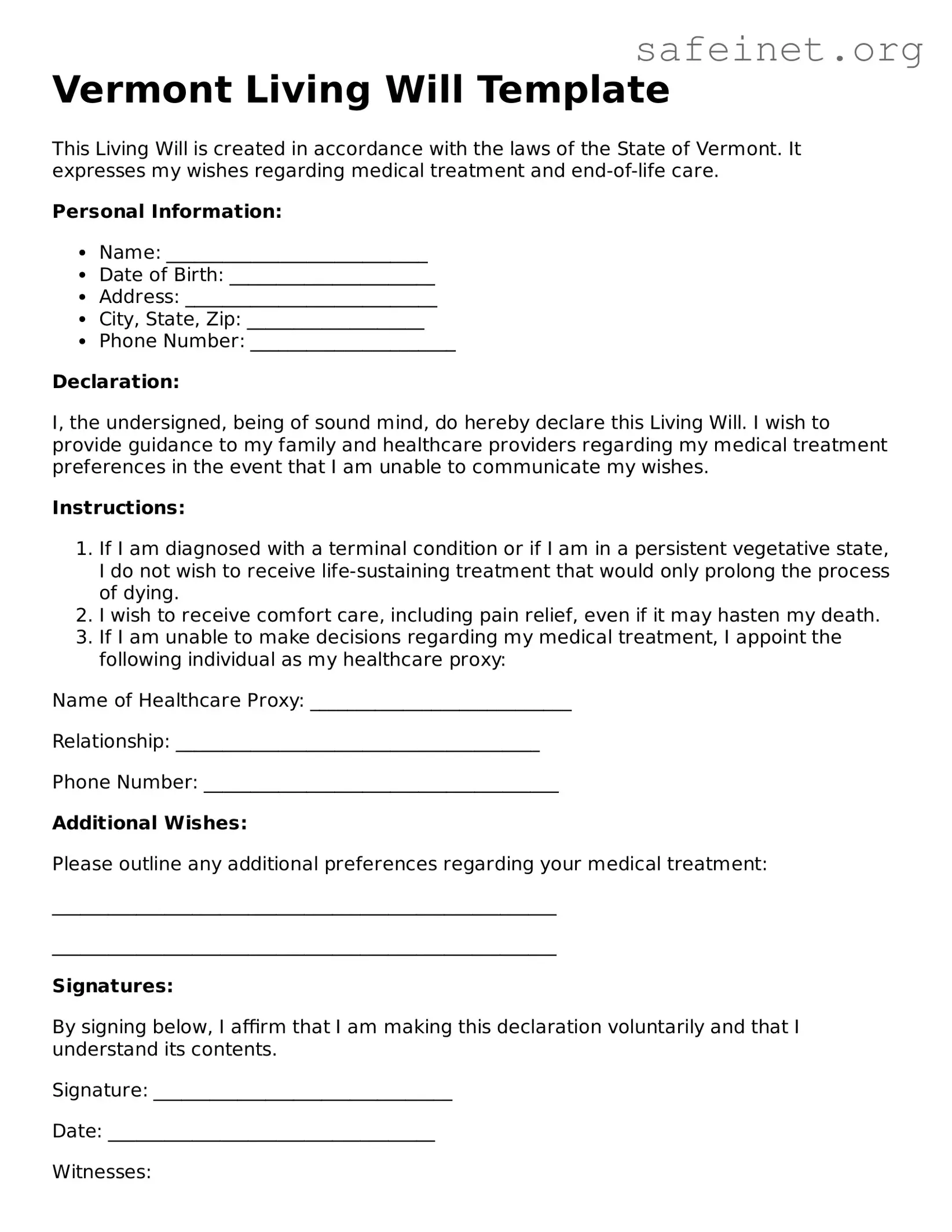 Valid Living Will Template for the State of Vermont