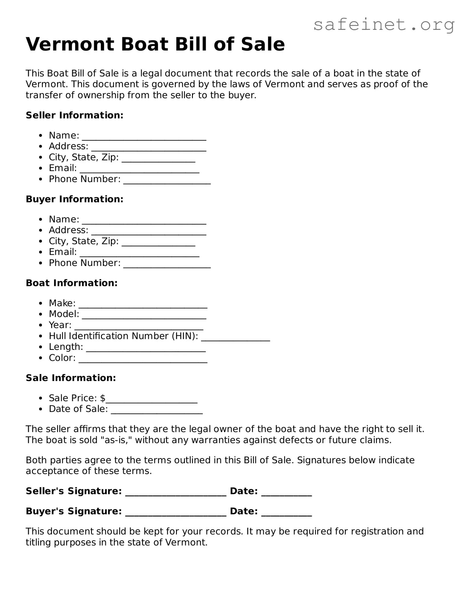 Valid Boat Bill of Sale Template for the State of Vermont