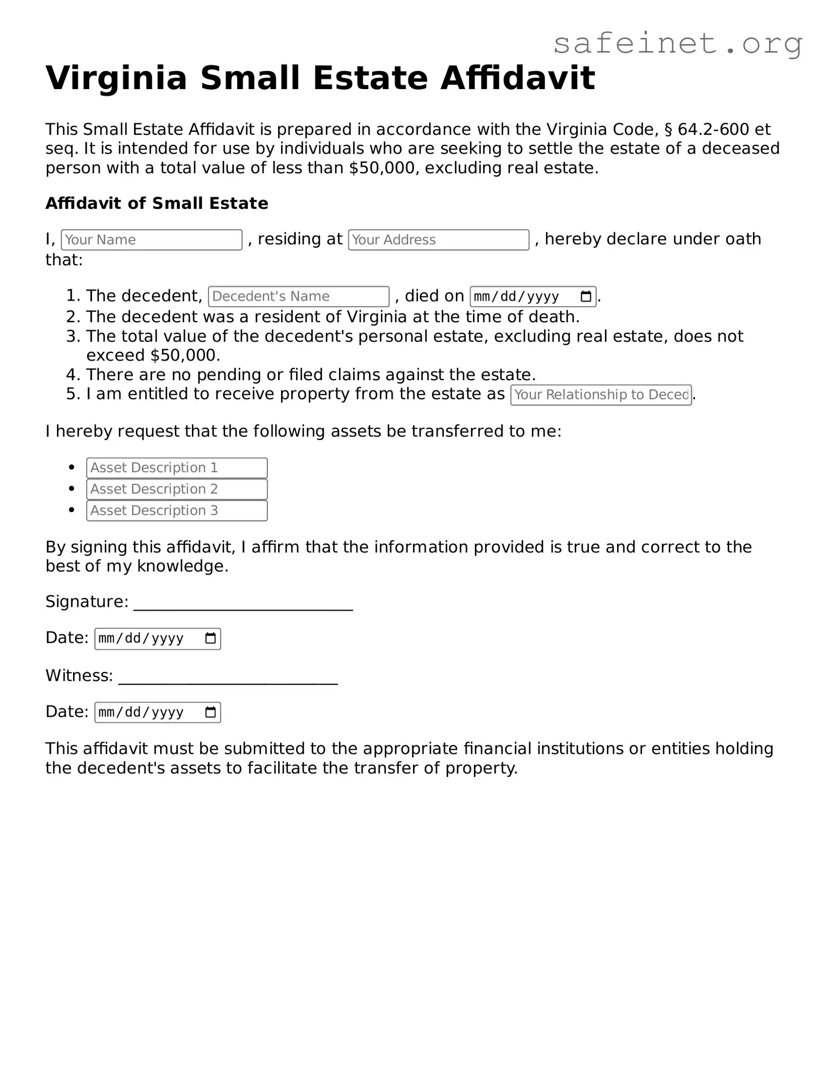 Valid Small Estate Affidavit Template for the State of Virginia