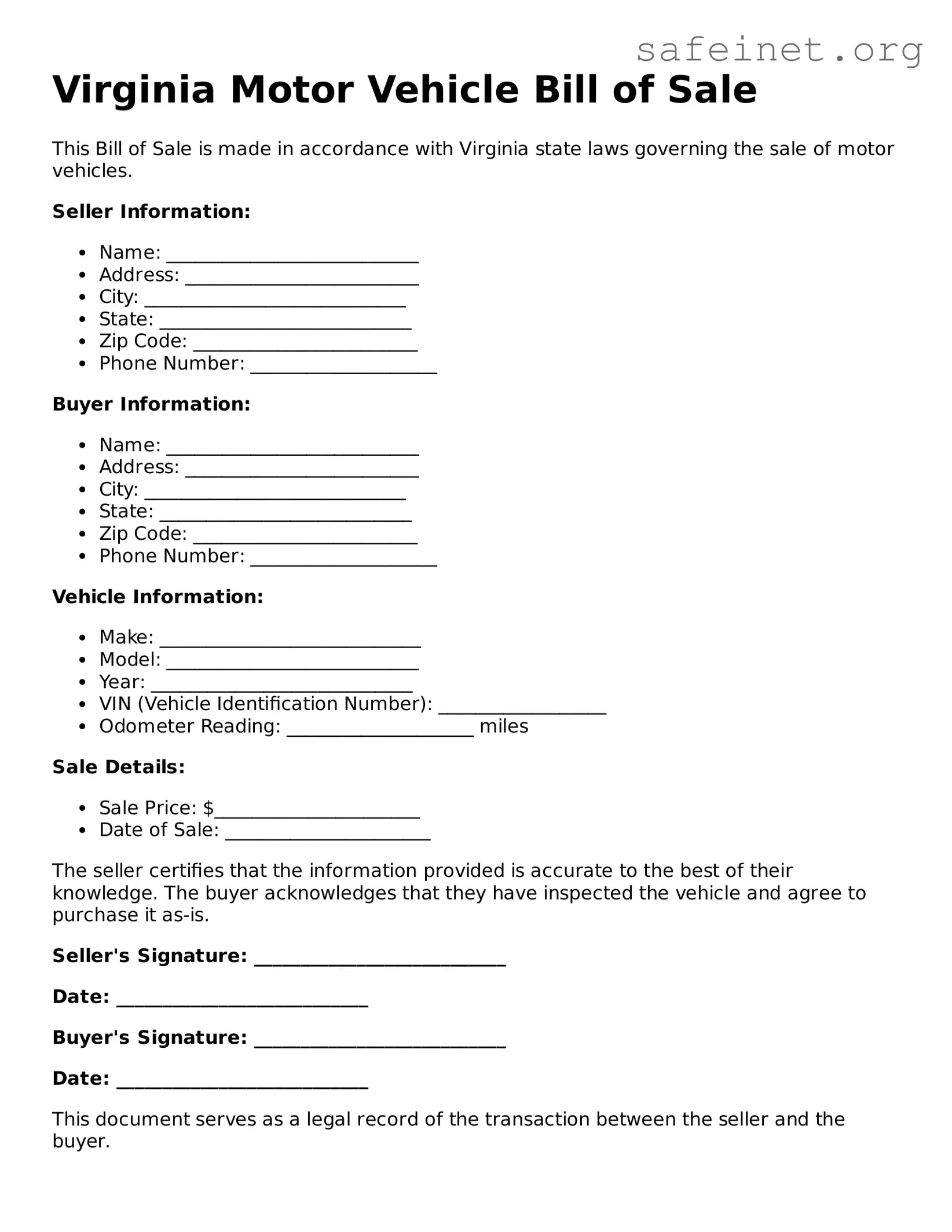 Valid Motor Vehicle Bill of Sale Template for the State of Virginia