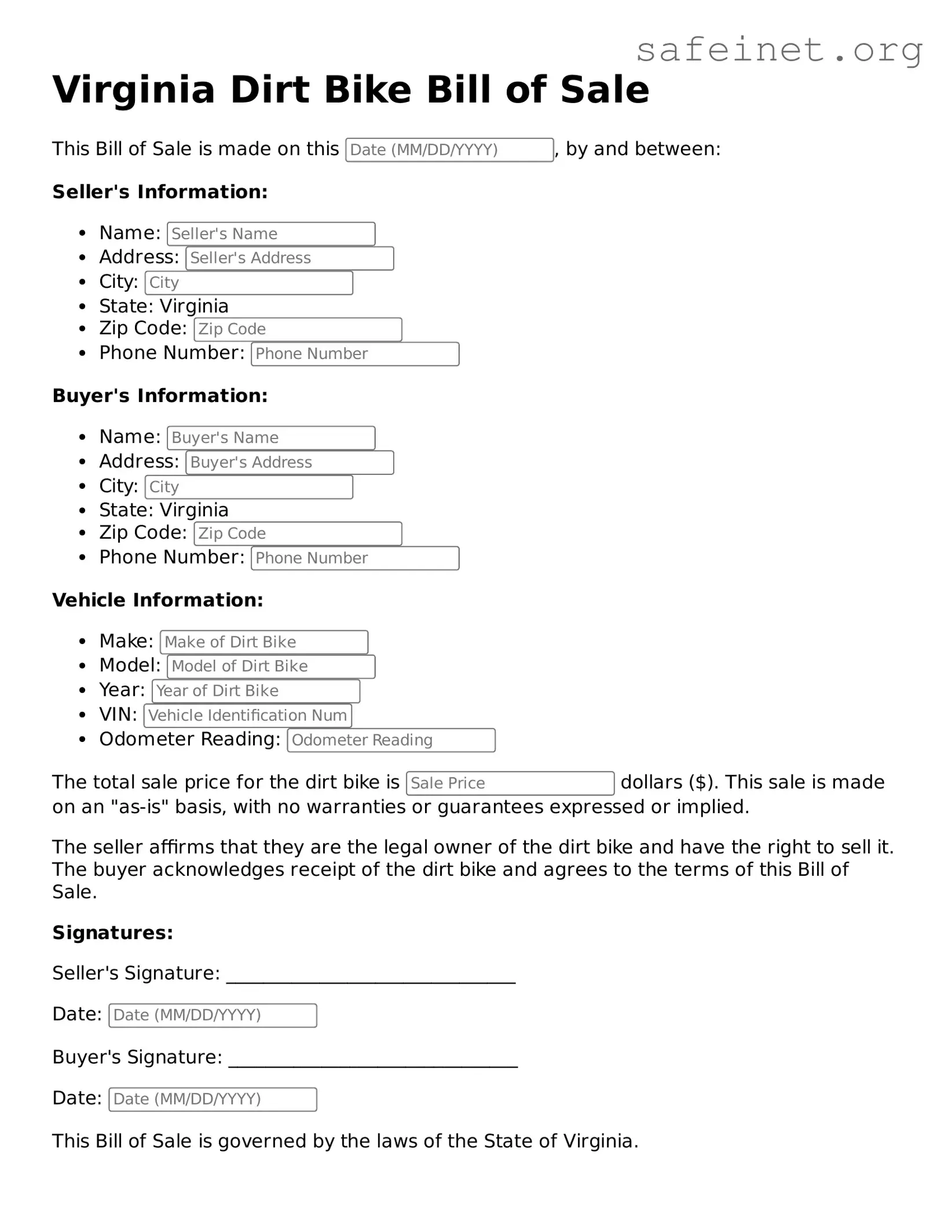 Valid Dirt Bike Bill of Sale Template for the State of Virginia