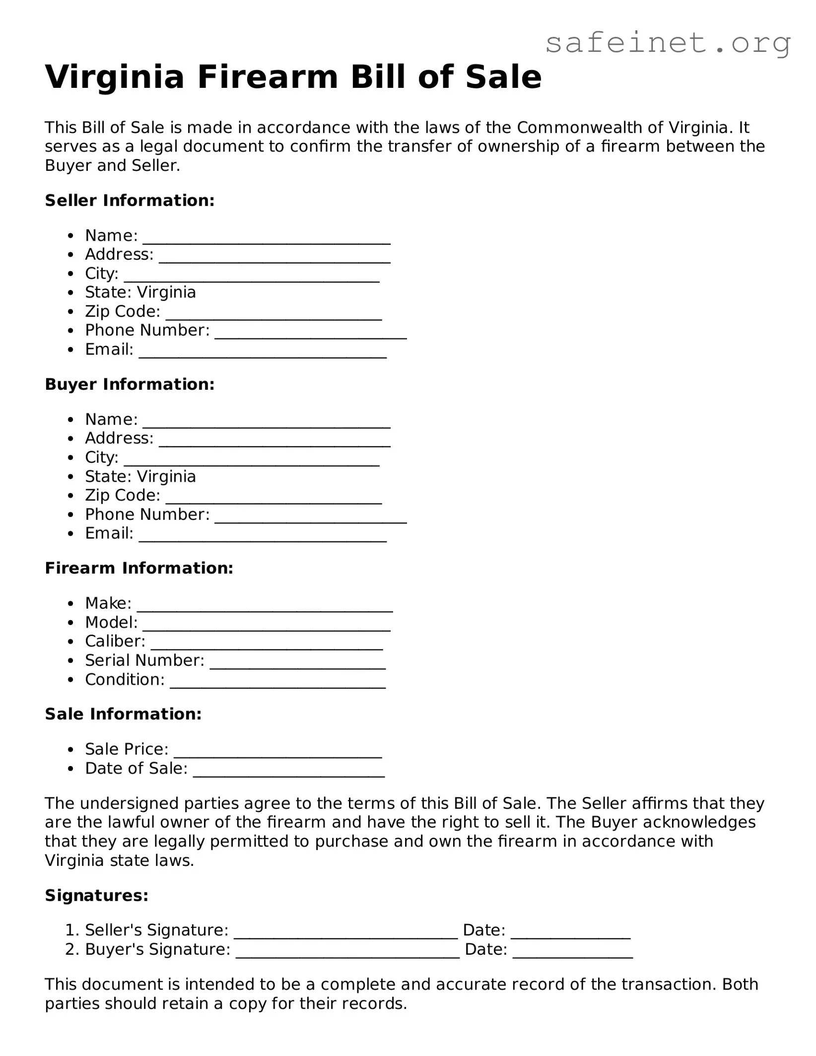 Valid Firearm Bill of Sale Template for the State of Virginia