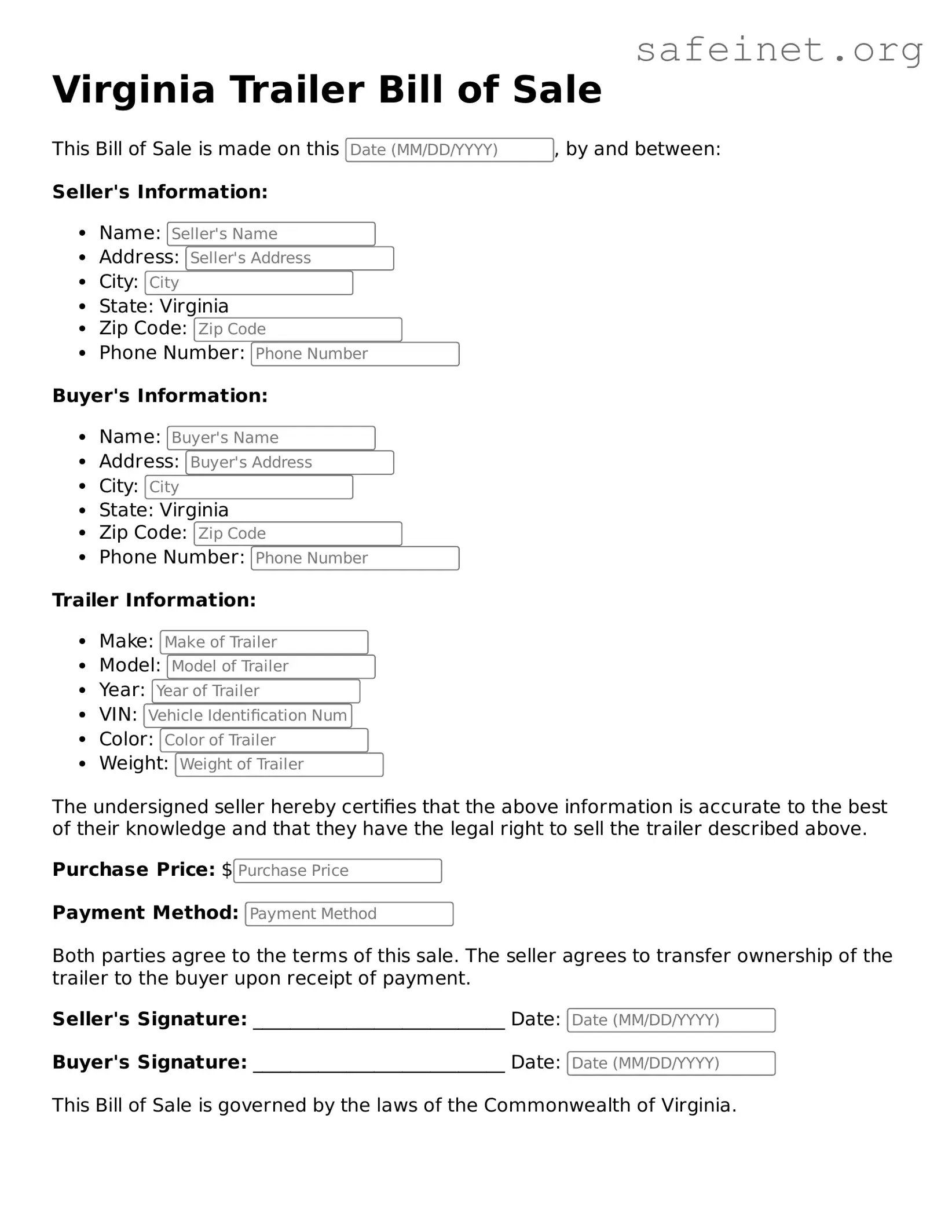 Valid Trailer Bill of Sale Template for the State of Virginia