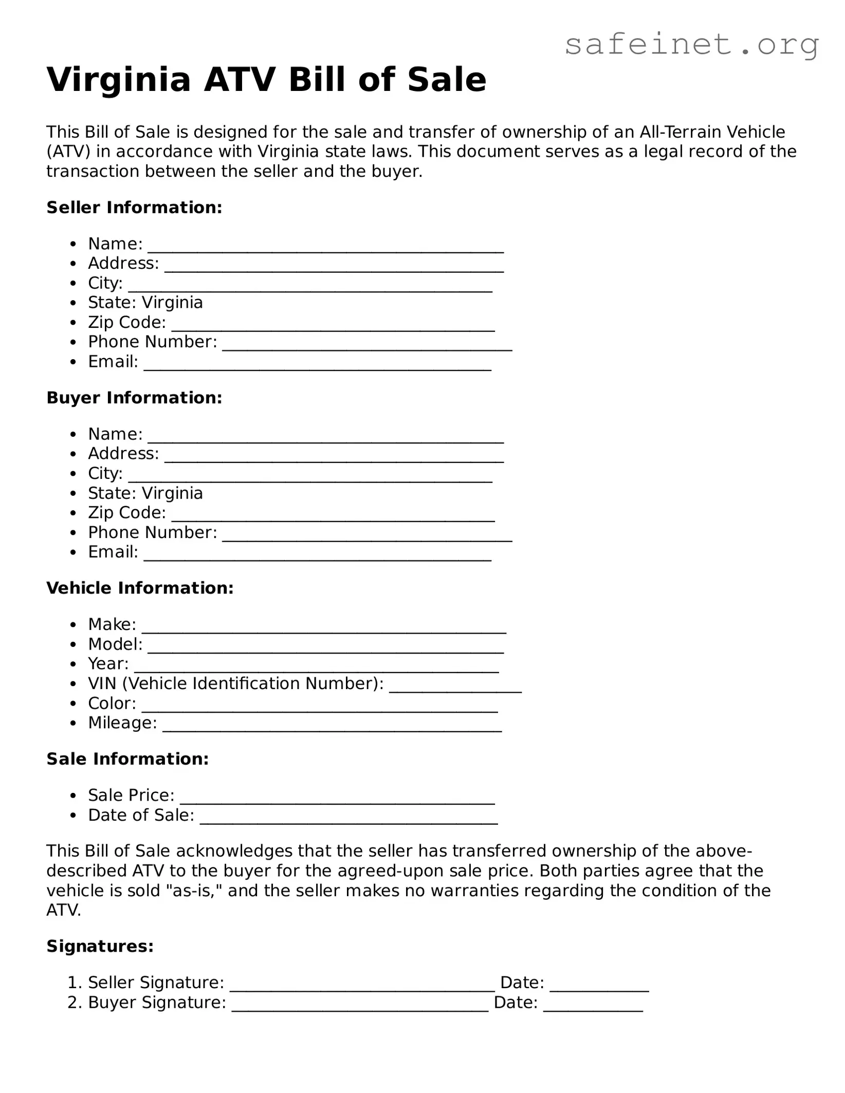 Valid ATV Bill of Sale Template for the State of Virginia