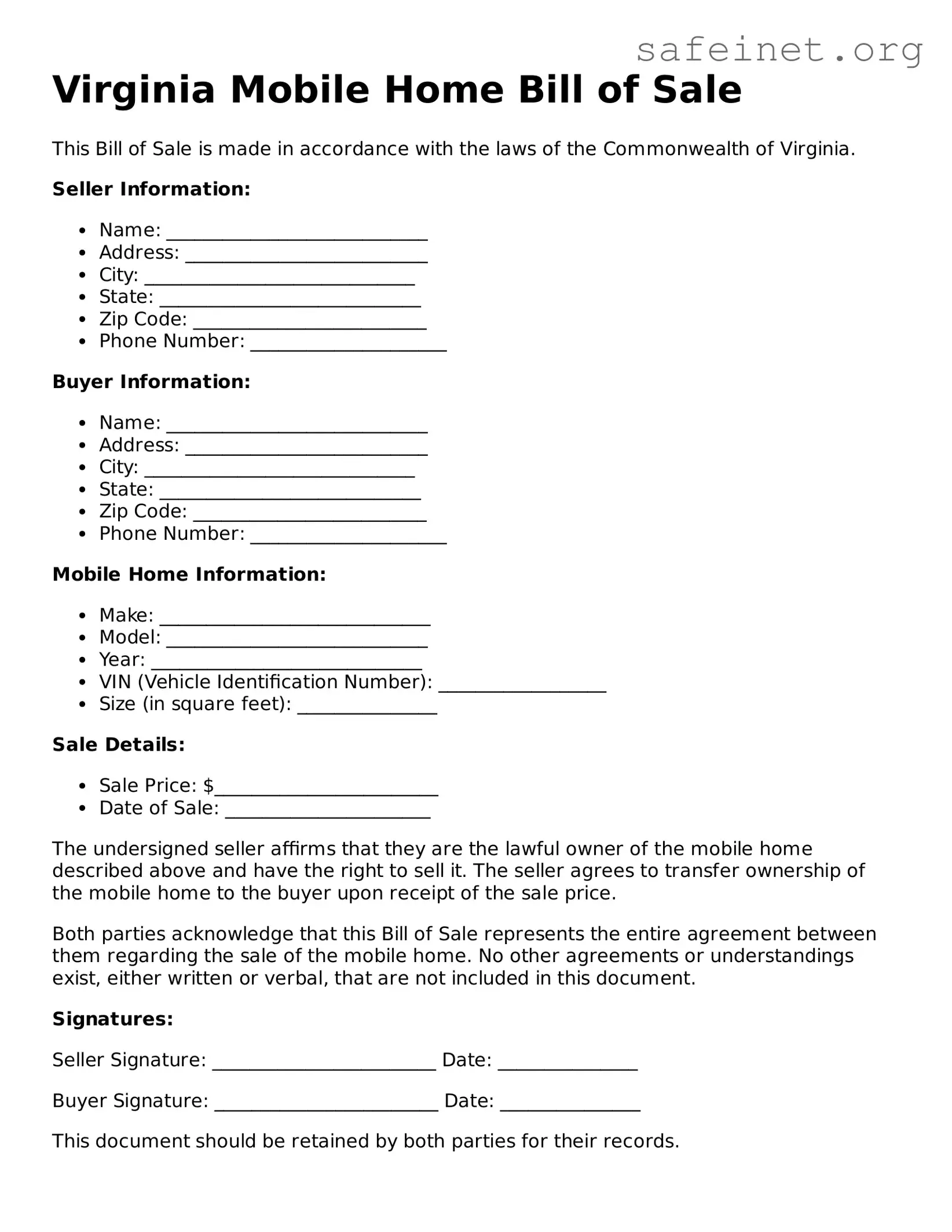 Valid Mobile Home Bill of Sale Template for the State of Virginia