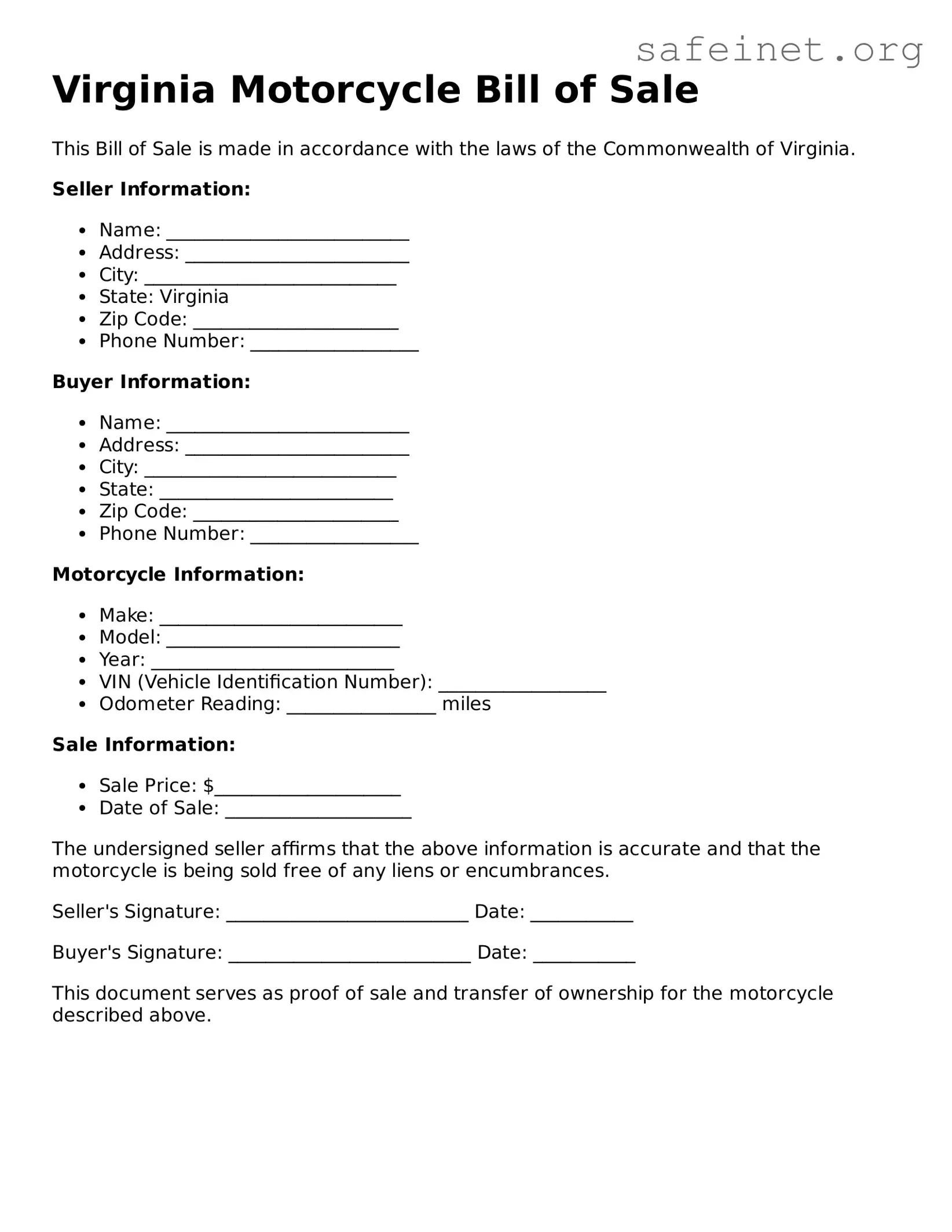 Valid Motorcycle Bill of Sale Template for the State of Virginia