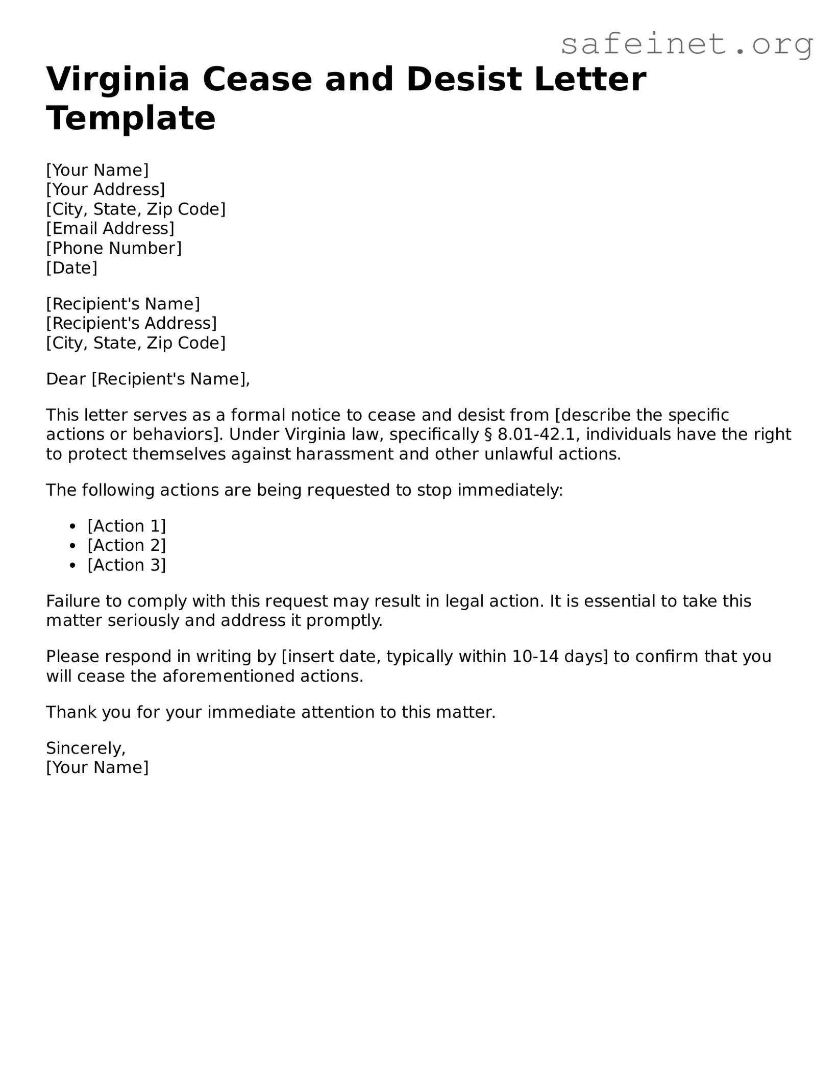 Valid Cease and Desist Letter Template for the State of Virginia