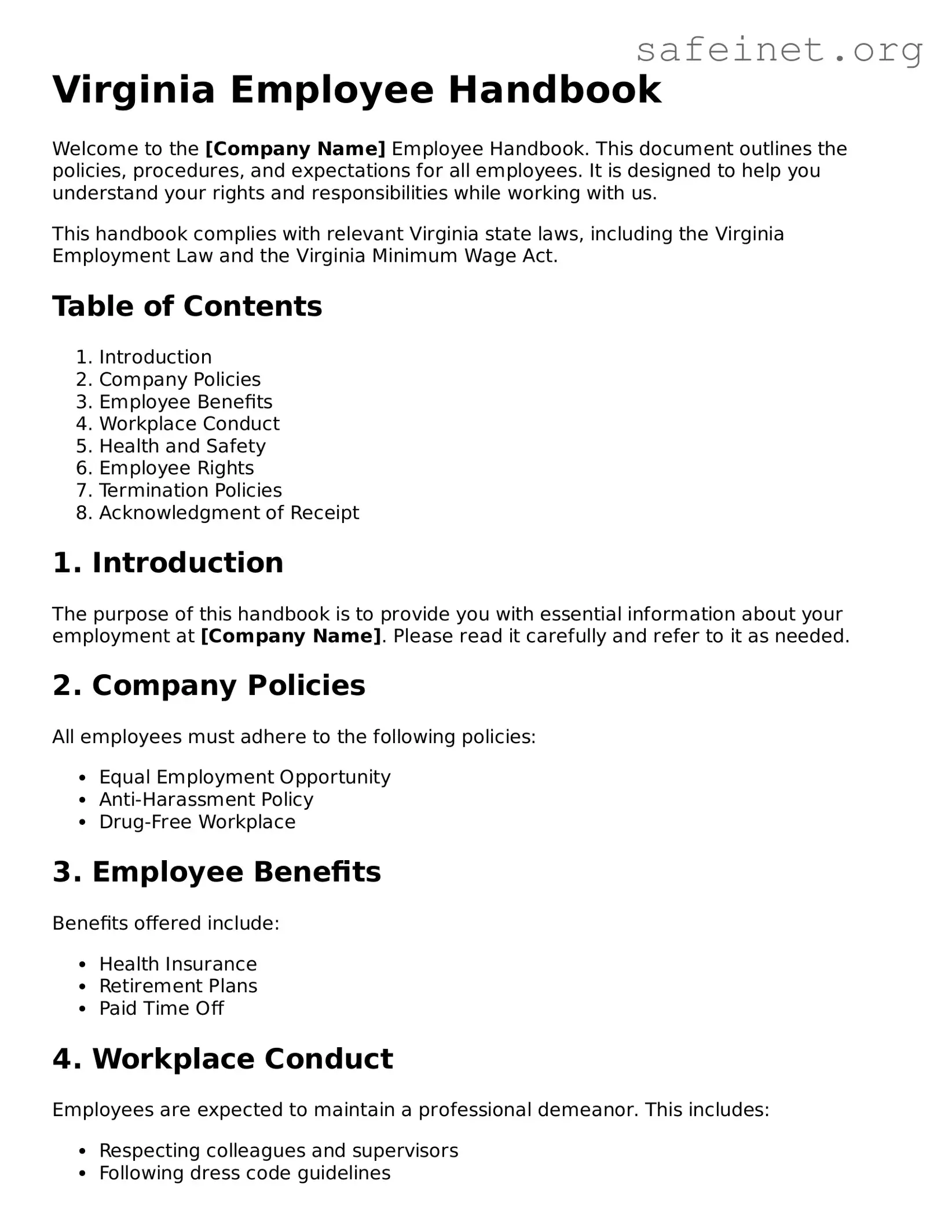Valid Employee Handbook Template for the State of Virginia