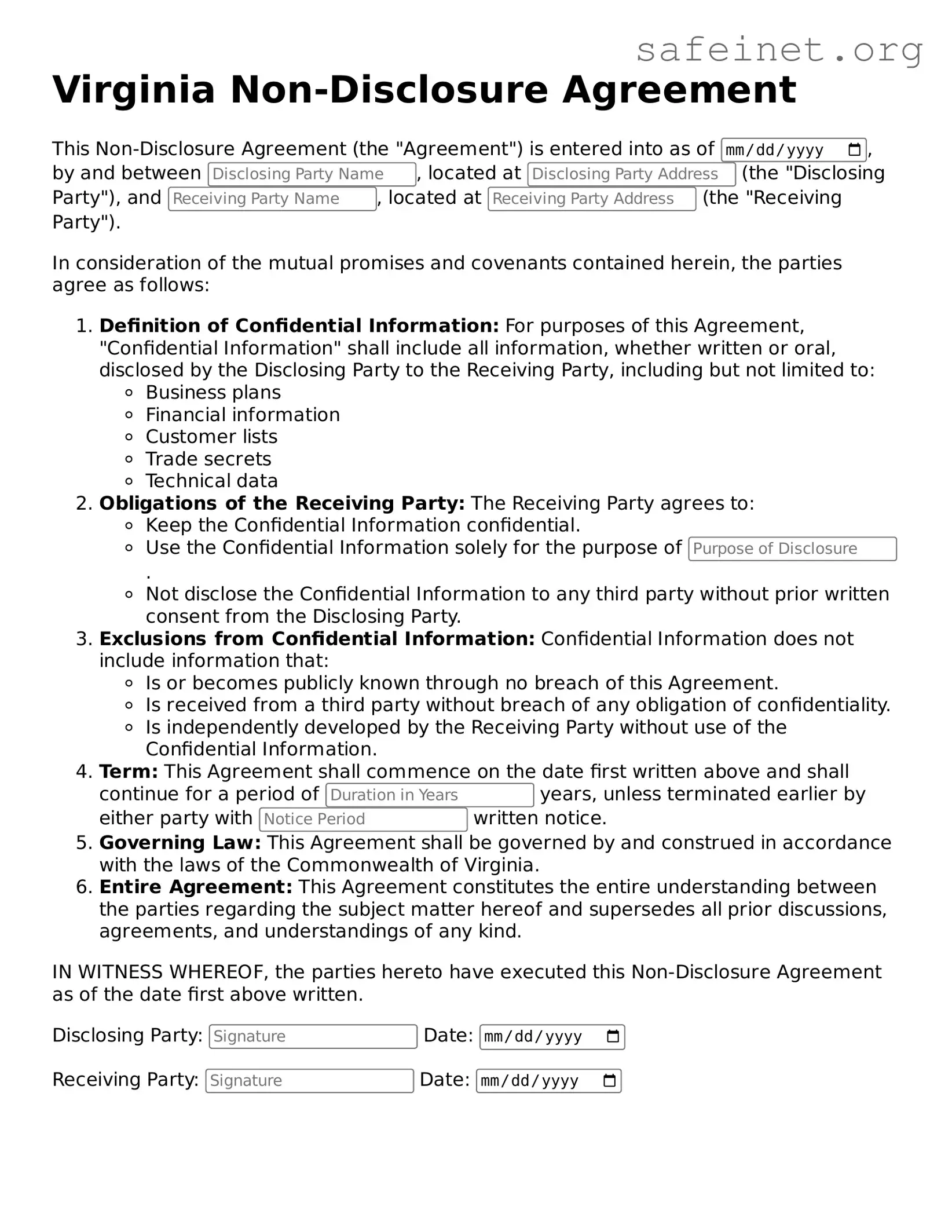 Valid Non-disclosure Agreement Template for the State of Virginia