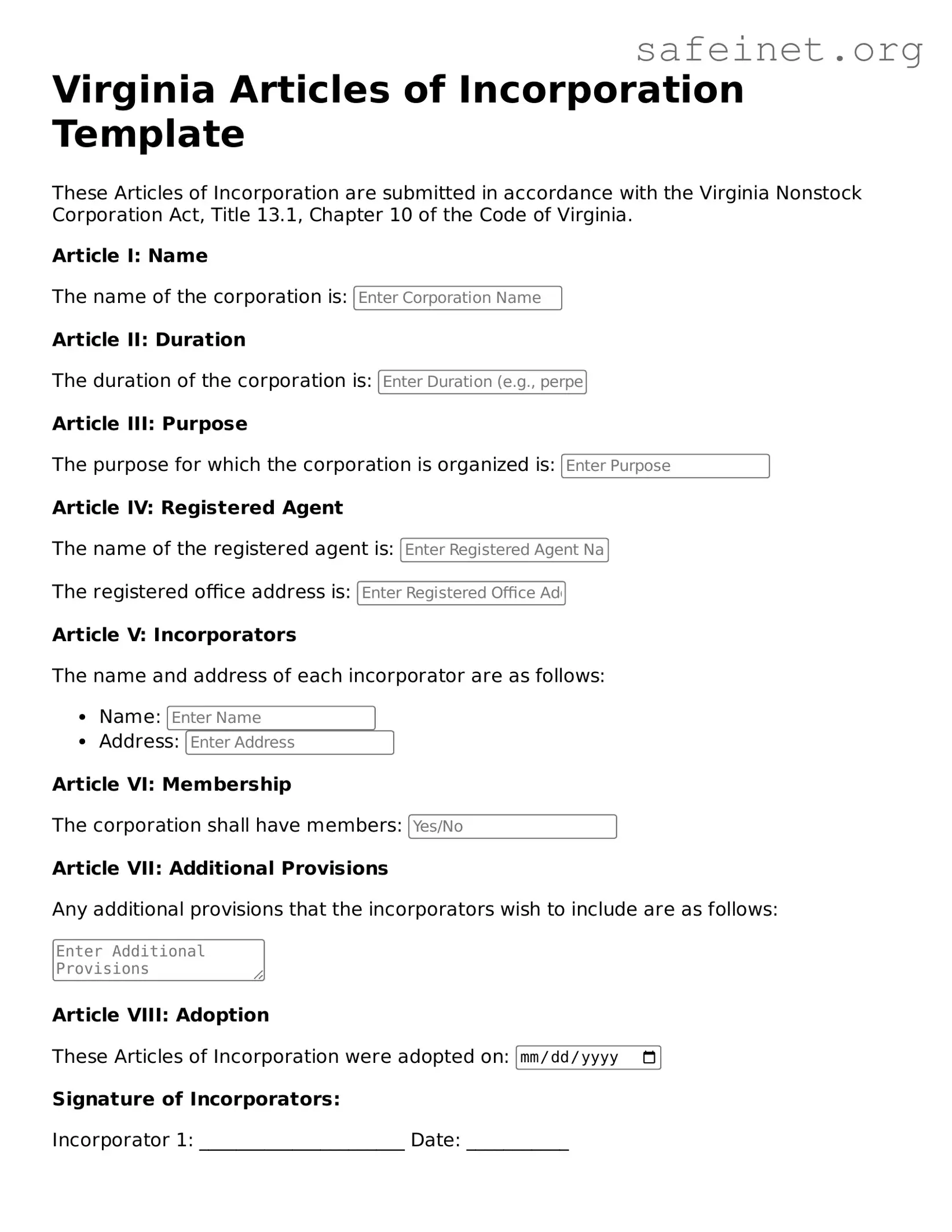 Valid Articles of Incorporation Template for the State of Virginia