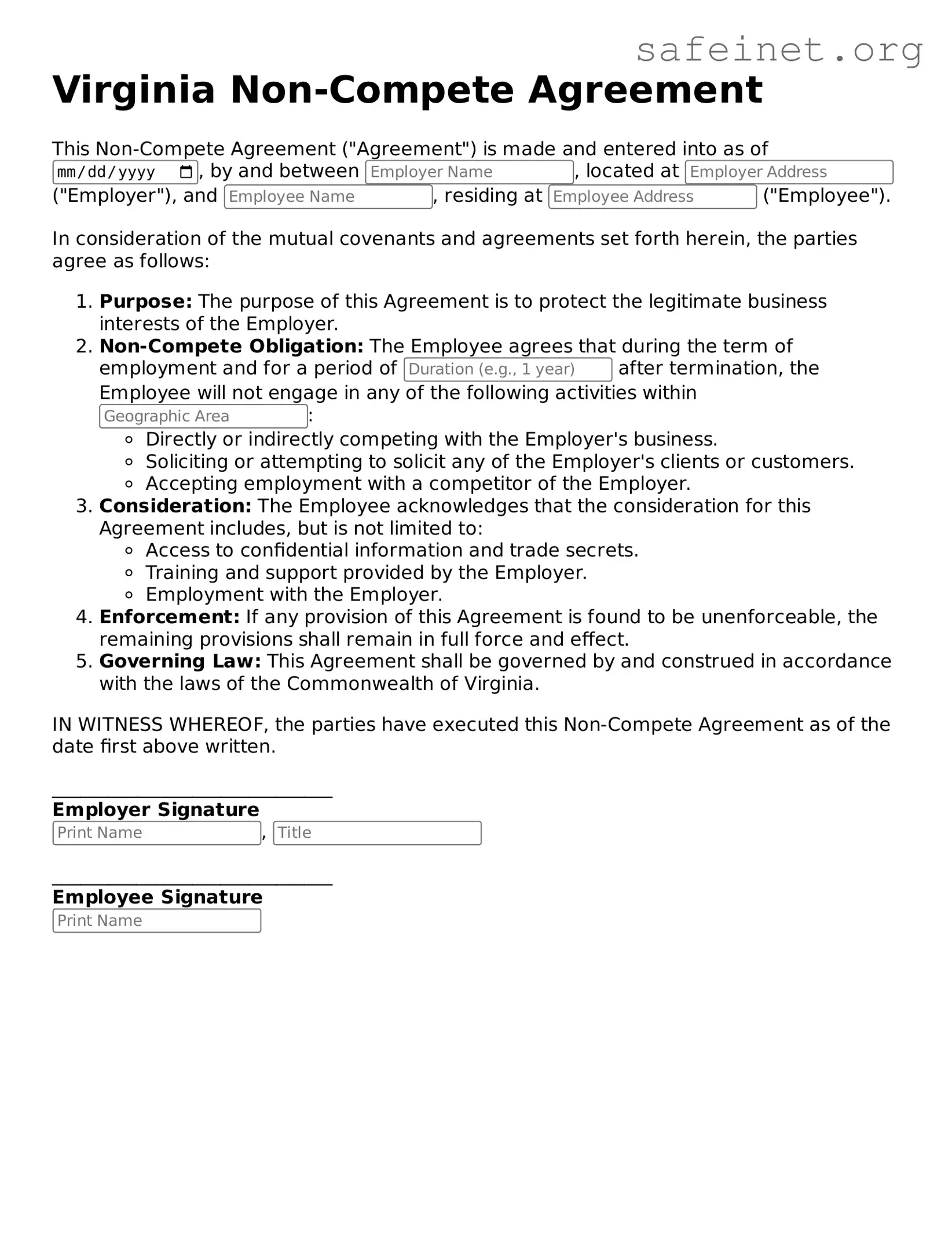 Valid Non-compete Agreement Template for the State of Virginia
