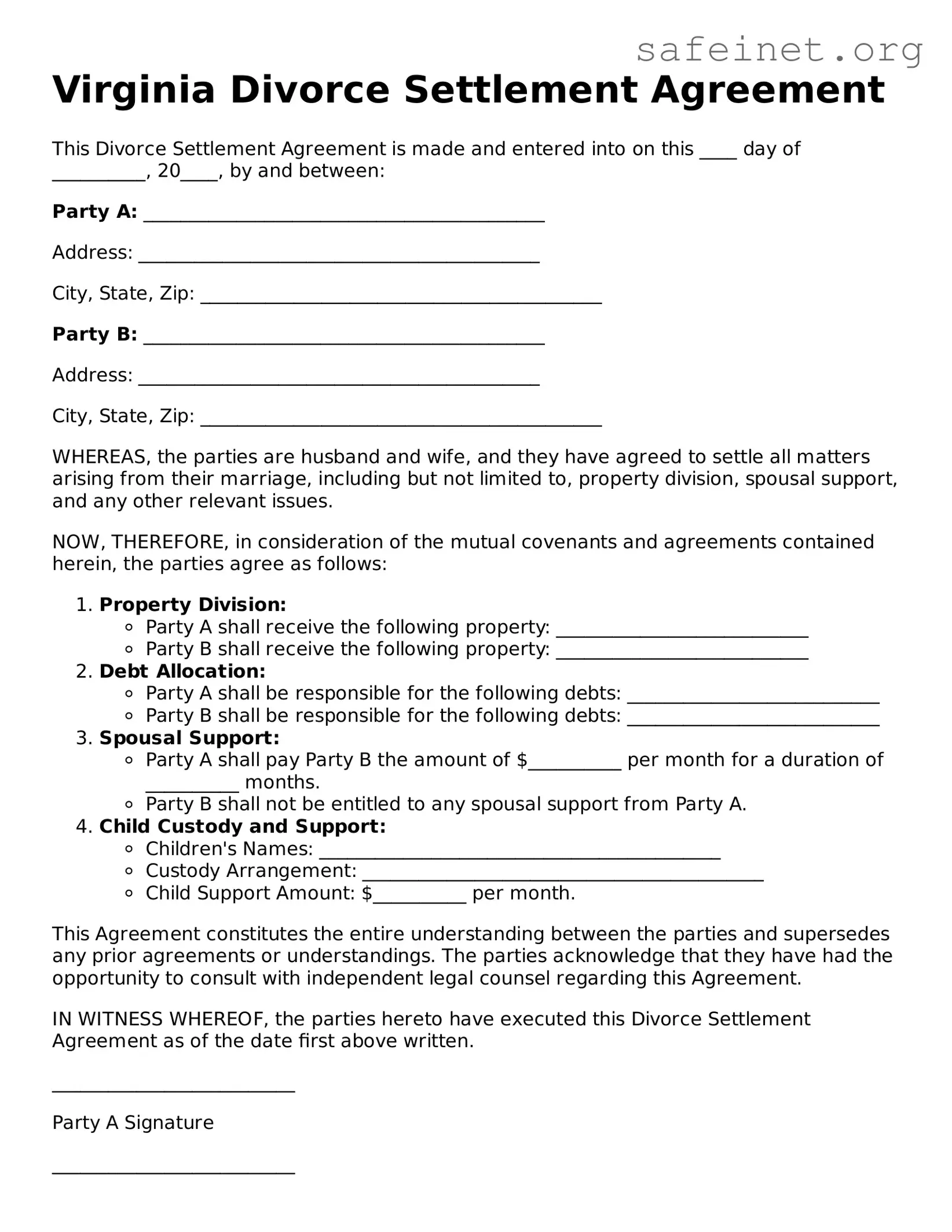 Valid Divorce Settlement Agreement Template for the State of Virginia