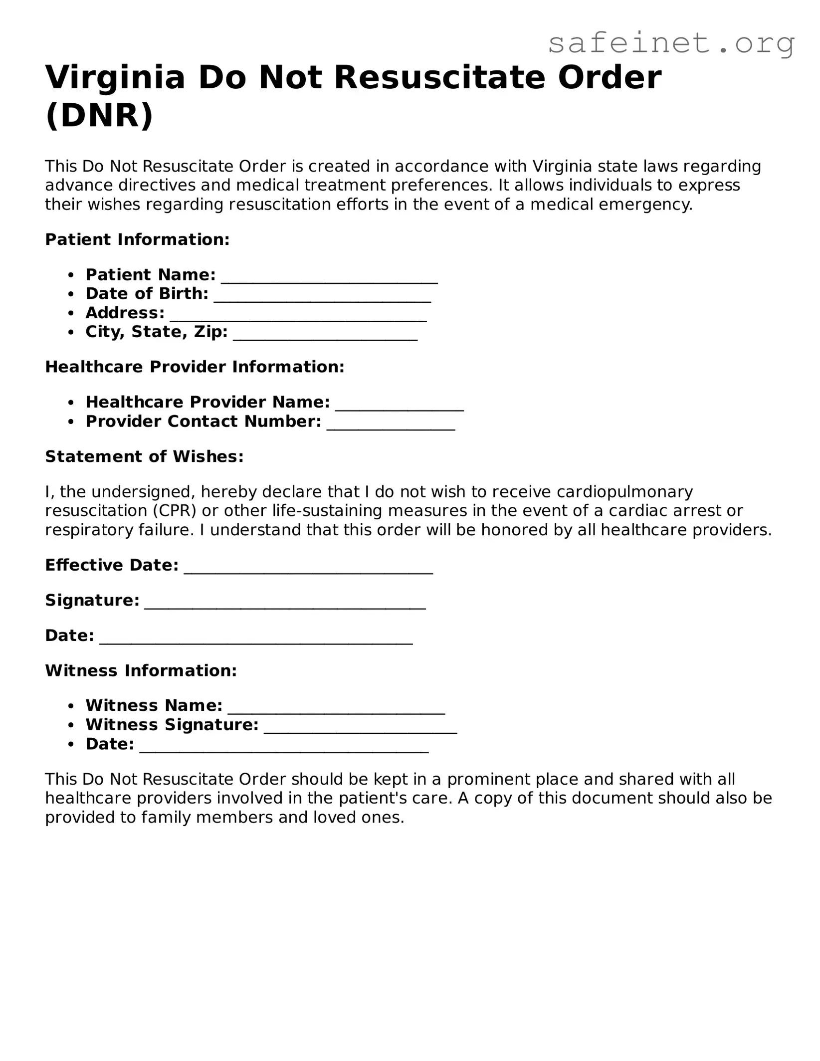 Valid Do Not Resuscitate Order Template for the State of Virginia