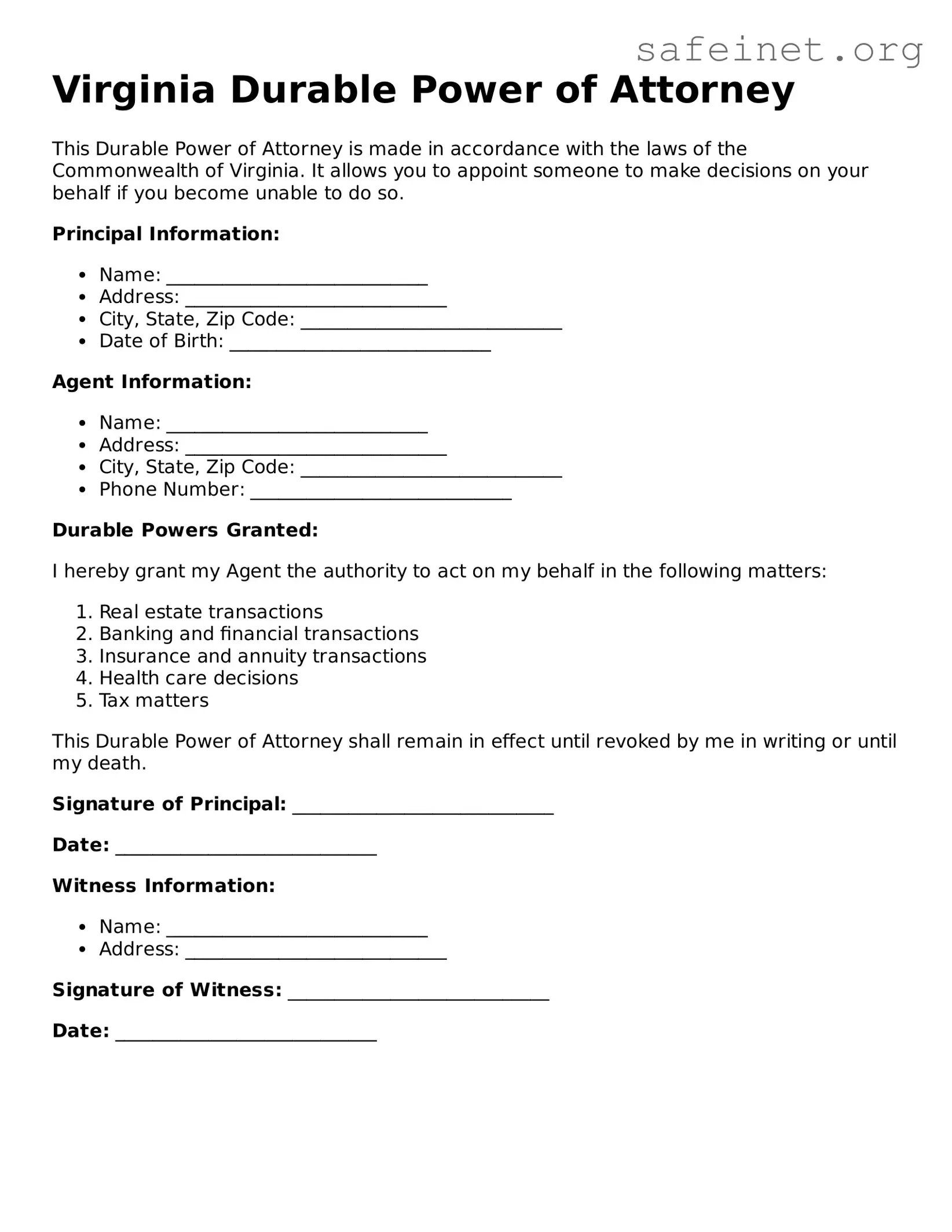 Valid Durable Power of Attorney Template for the State of Virginia