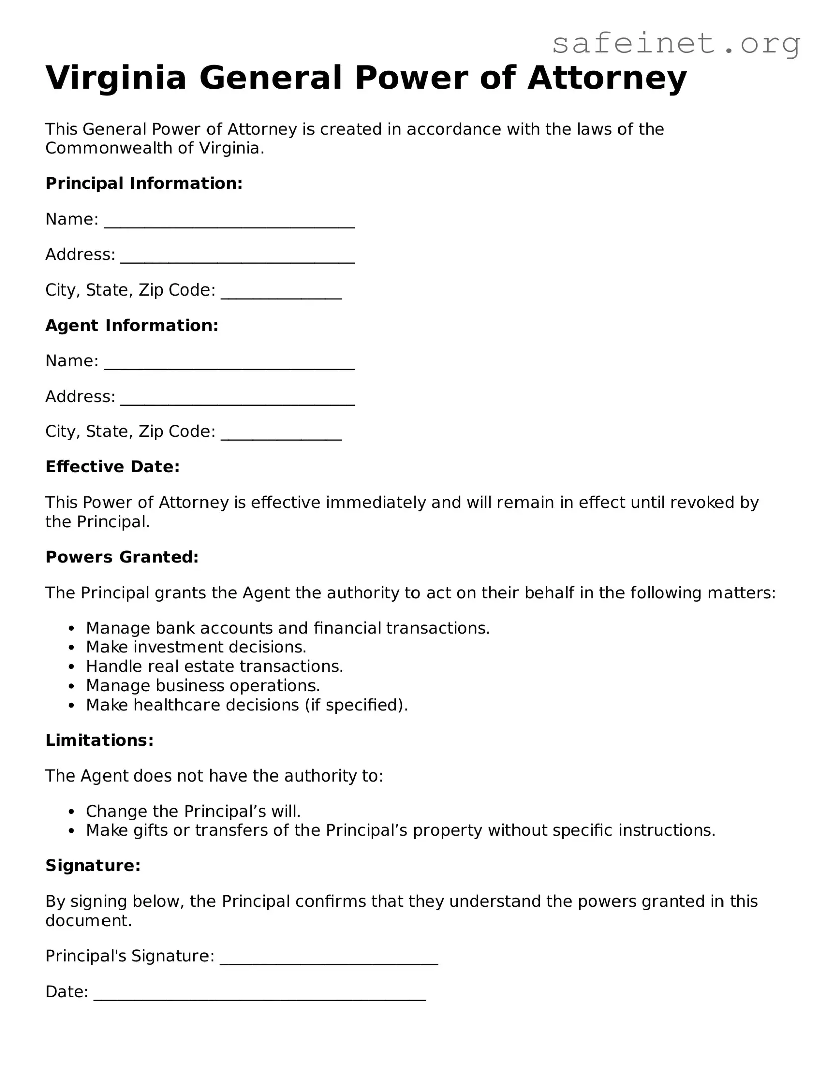 Valid General Power of Attorney Template for the State of Virginia