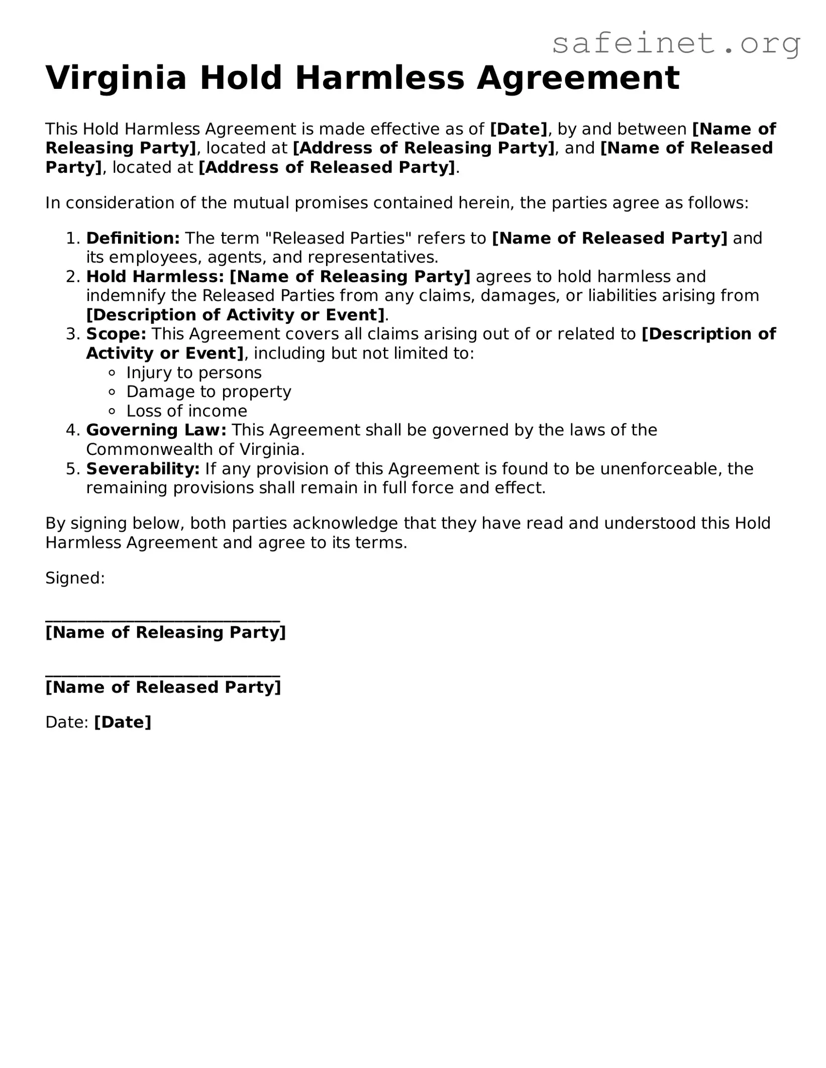 Valid Hold Harmless Agreement Template for the State of Virginia