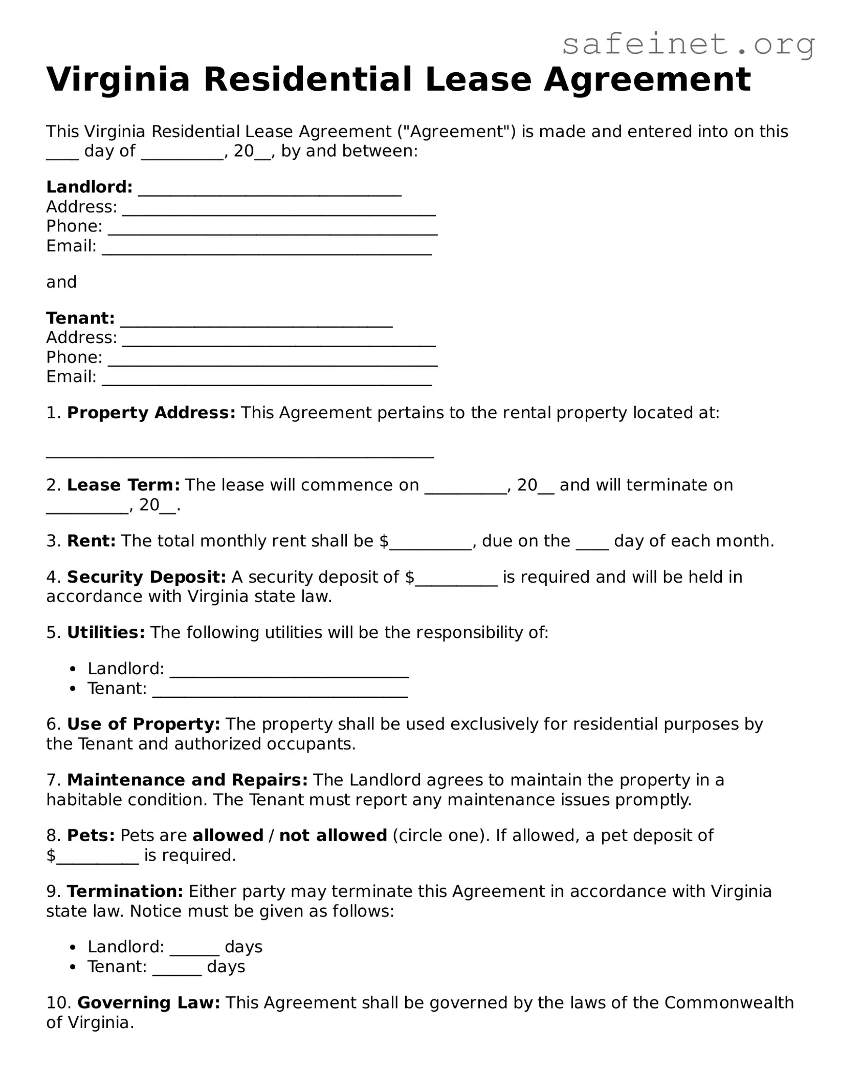 Valid Residential Lease Agreement Template for the State of Virginia